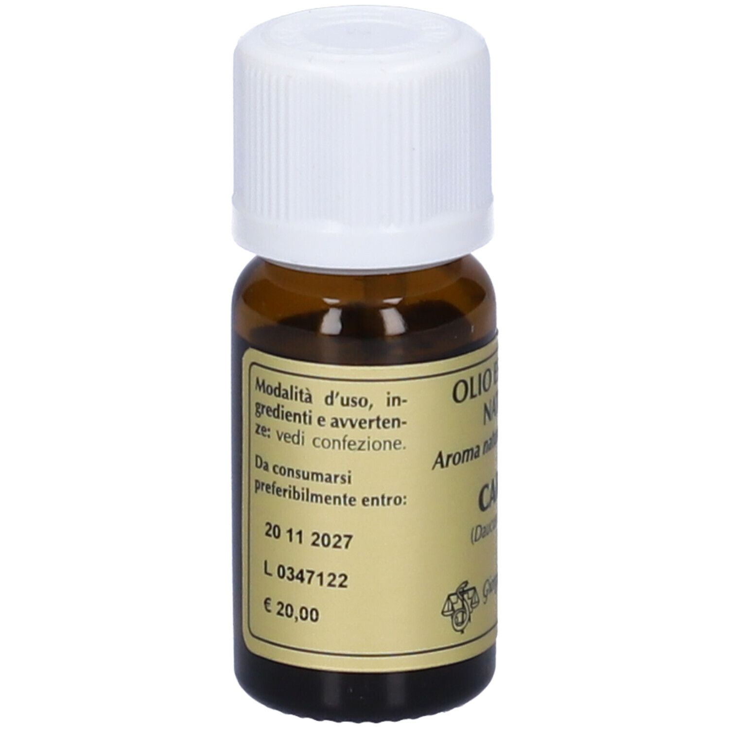 Flacone di vetro marrone con tappo bianco. Scritta: Olio Essenziale Naturale Carota. Con data di scadenza e prezzo.