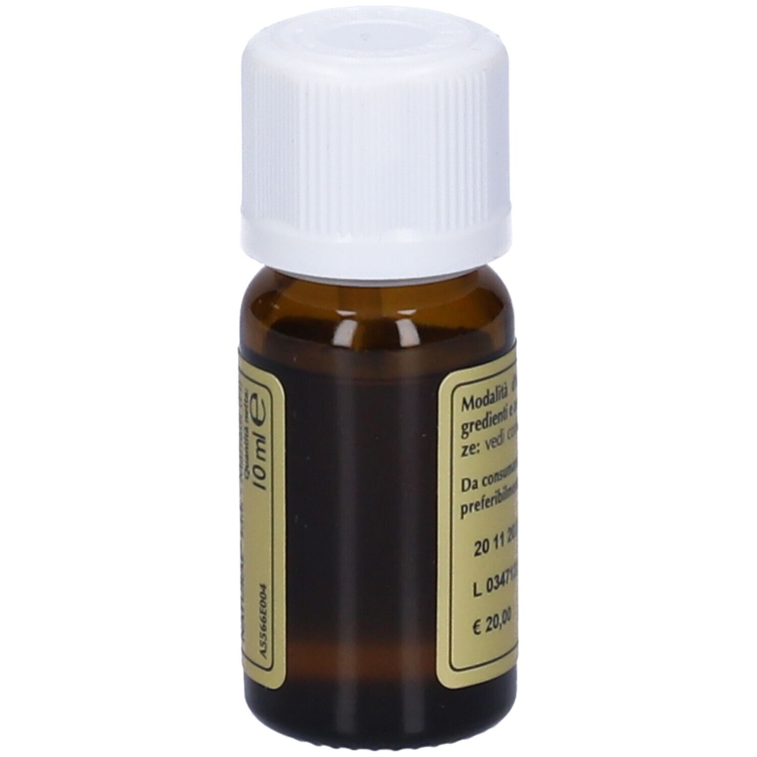Flacone di vetro marrone con tappo bianco. Scritta: Olio Essenziale Naturale Carota. Con indicazione del volume 10 ml.