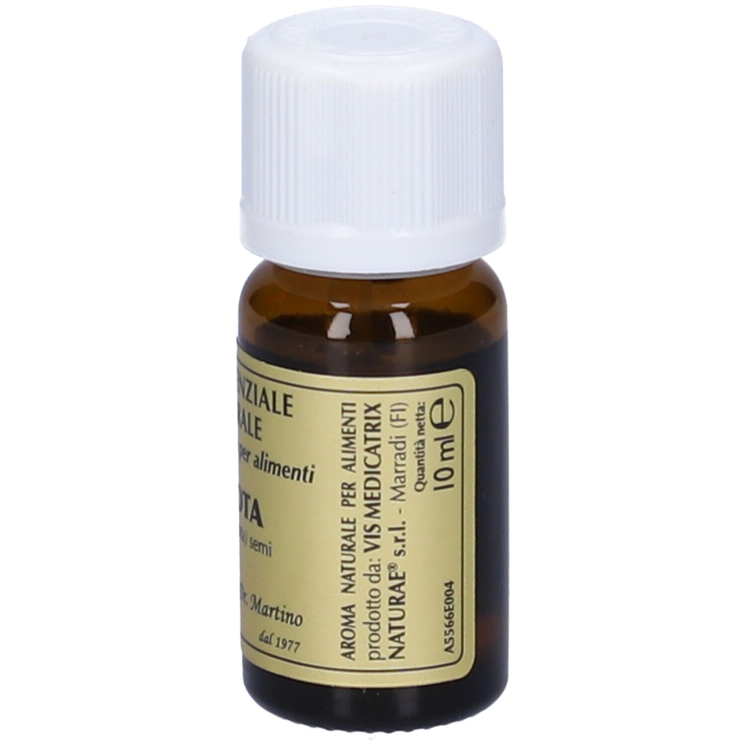 Flacone di vetro marrone con tappo bianco. Scritta: Olio Essenziale Naturale Carota. Con indicazione del volume 10 ml.