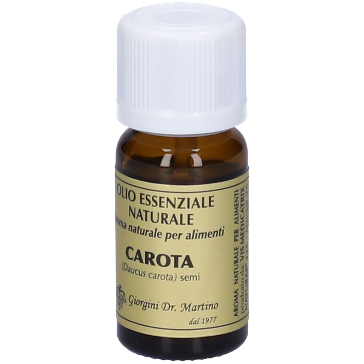 Flacone di vetro marrone con tappo bianco. Scritta: Olio Essenziale Naturale Carota. Marchio: Giorgini Dr. Martino.