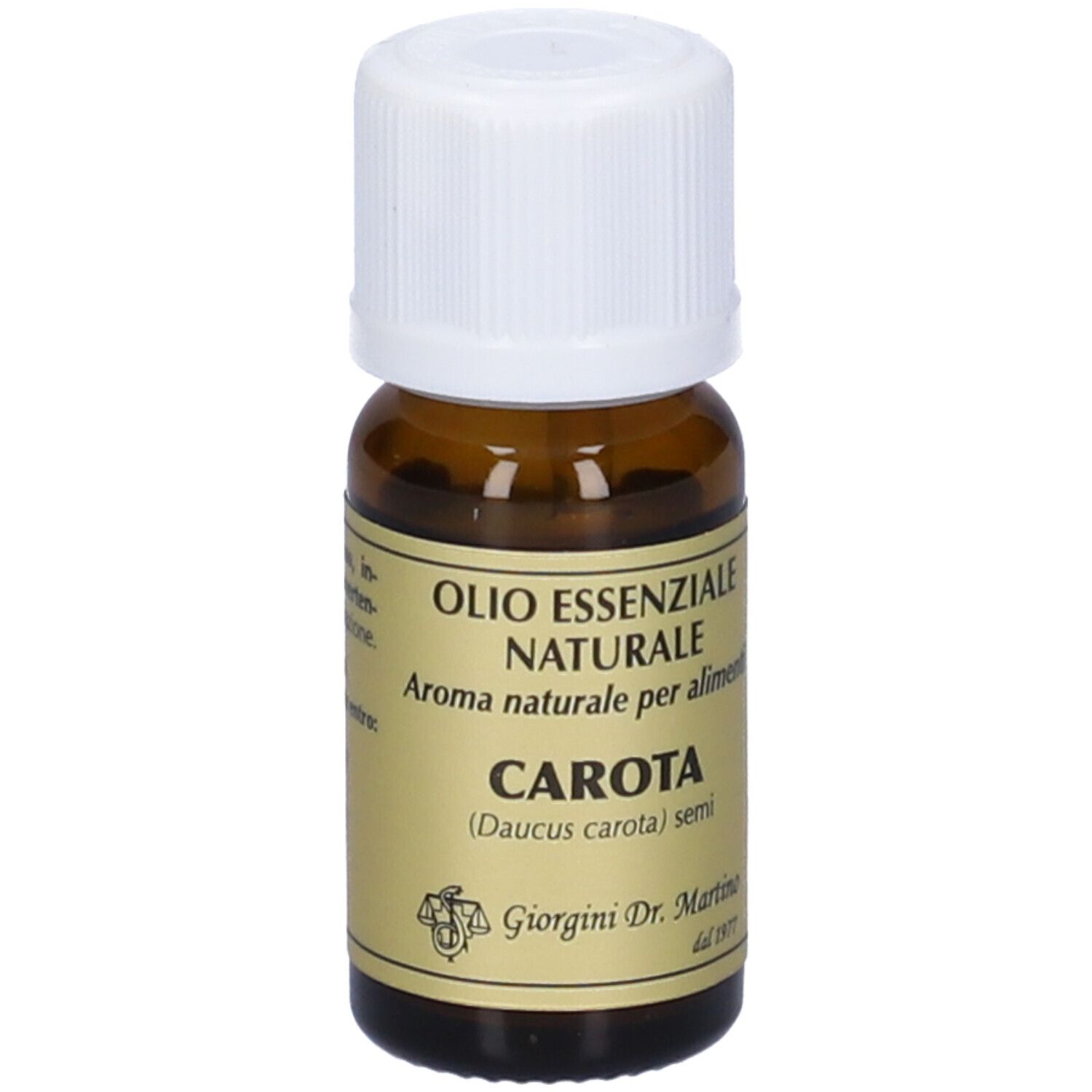 Flacone di vetro marrone con tappo bianco. Scritta: Olio Essenziale Naturale Carota. Marchio: Giorgini Dr. Martino.