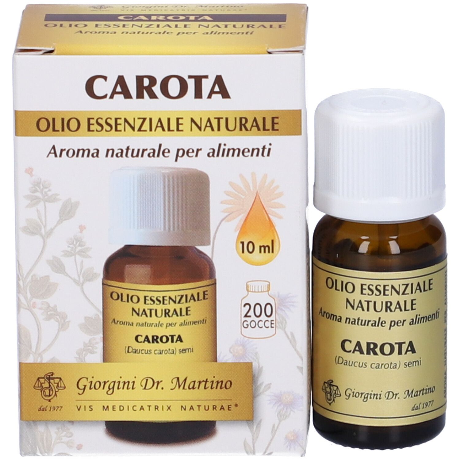 Flacone di vetro marrone e scatola. Scritta: Carota Olio Essenziale Naturale. Con indicazione del volume 10 ml.