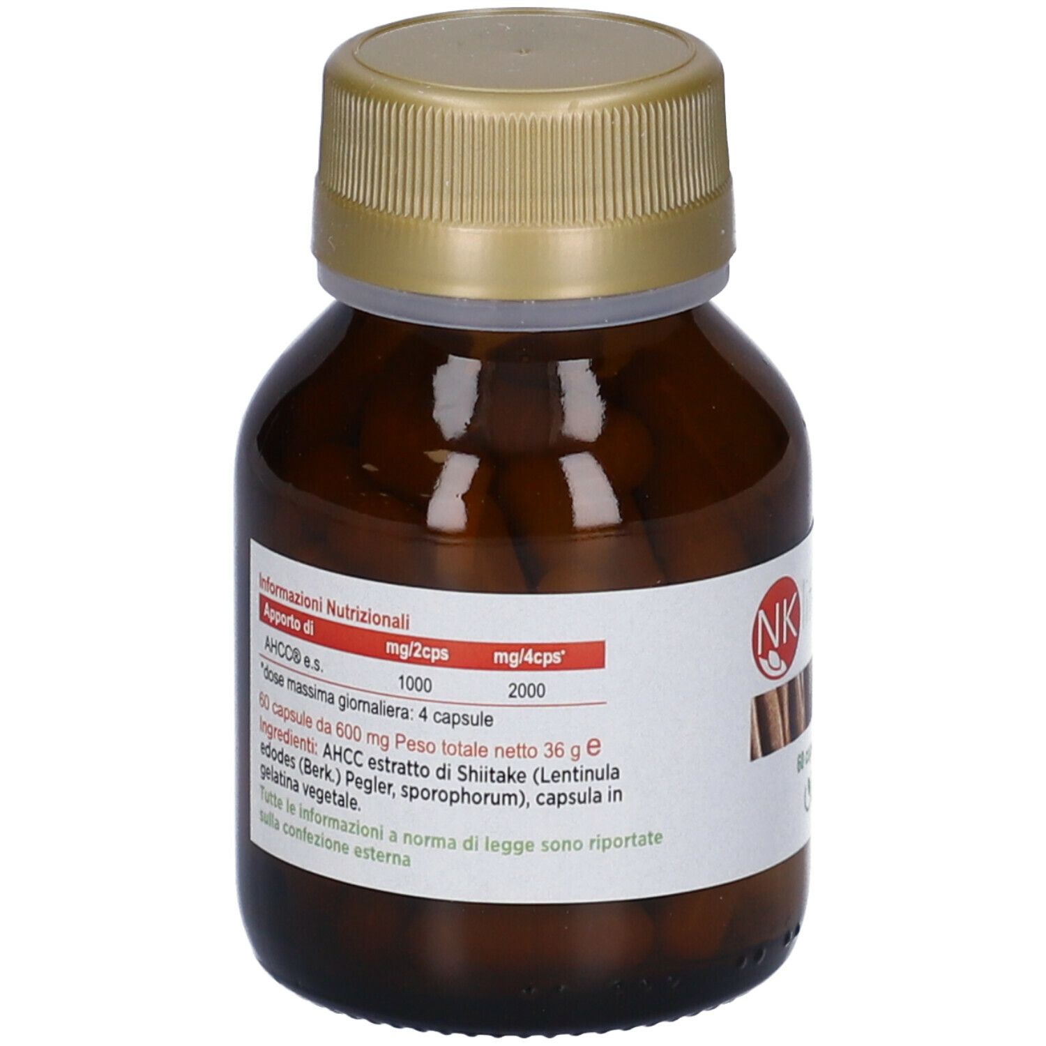 Flacone di vetro marrone con tappo dorato. L'etichetta riporta informazioni nutrizionali e ingredienti. Scritta: NK life AHCC.
