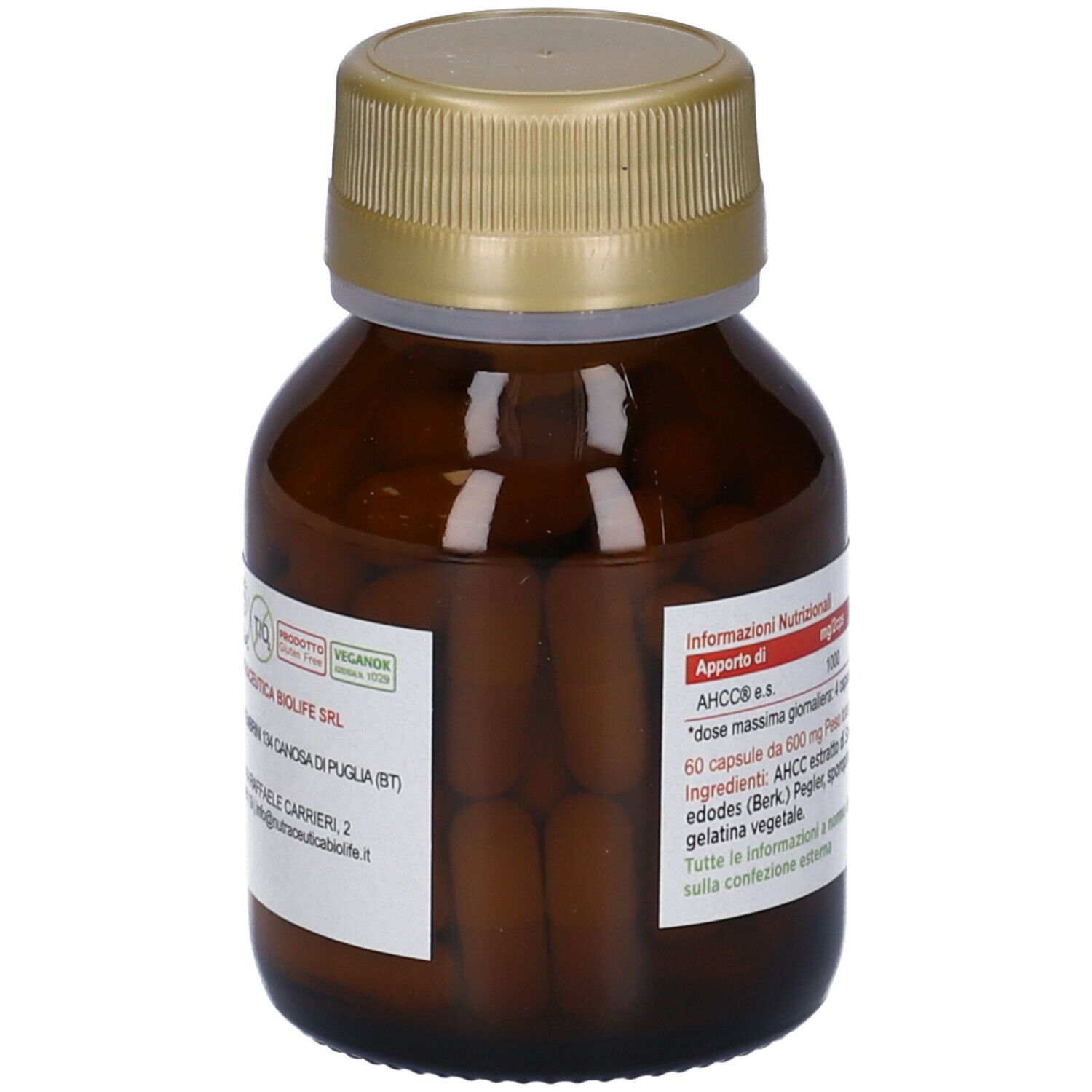 Flacone di vetro marrone con tappo dorato. L'etichetta riporta informazioni nutrizionali e ingredienti. Scritta: NK life AHCC.