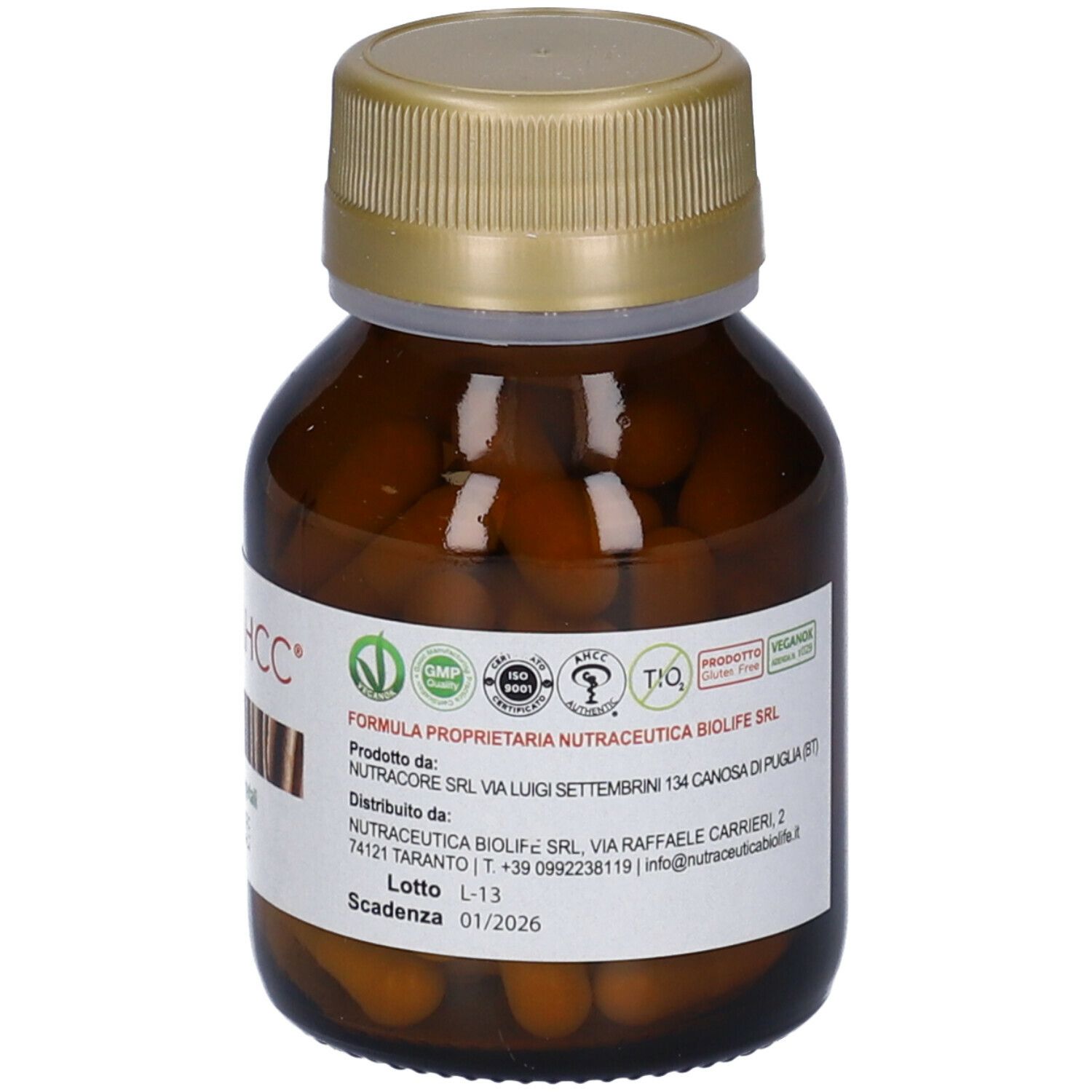 Flacone di vetro marrone con tappo dorato. L'etichetta riporta informazioni sulla produzione e distribuzione. Scritta: NK life AHCC.