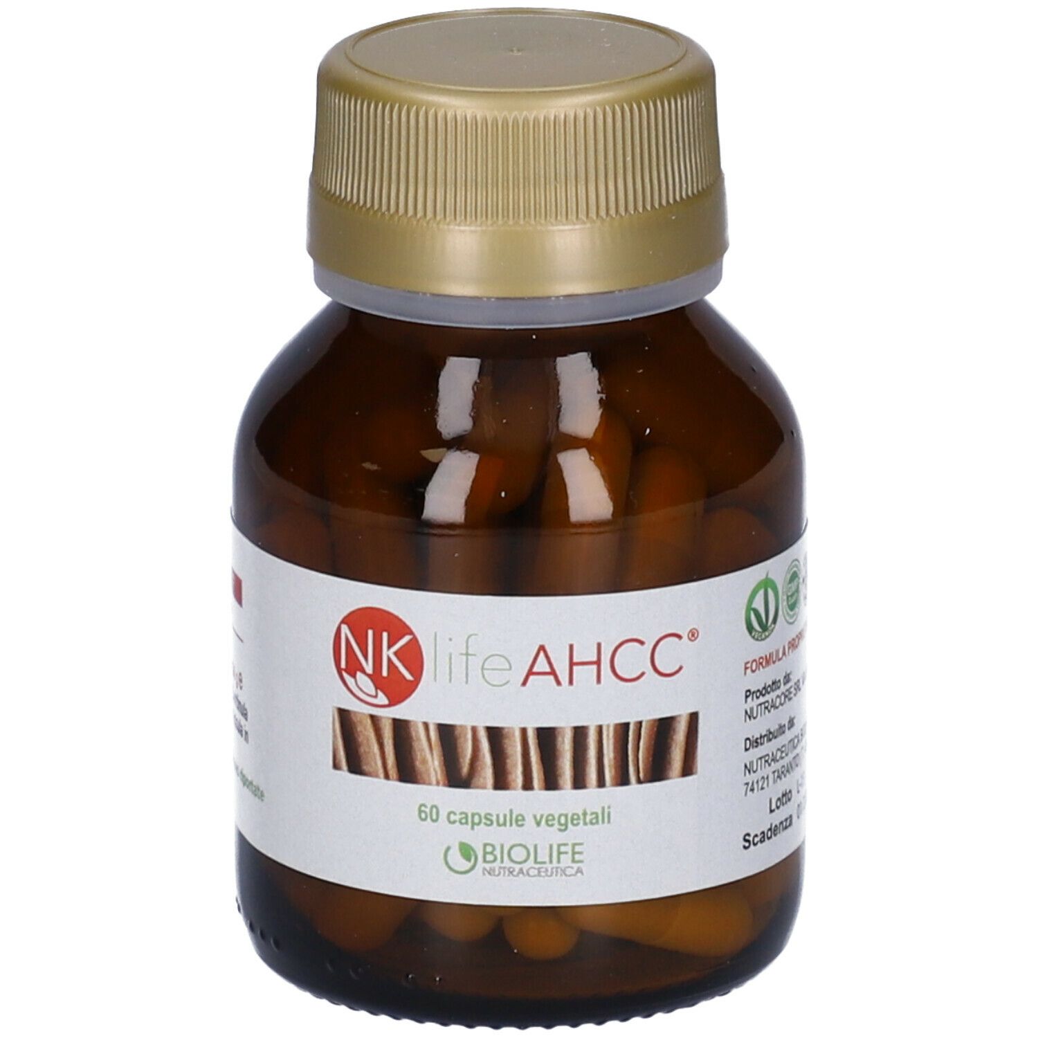 Flacone di vetro marrone con tappo dorato. L'etichetta riporta informazioni sul prodotto e certificazioni. Scritta: NK life AHCC.