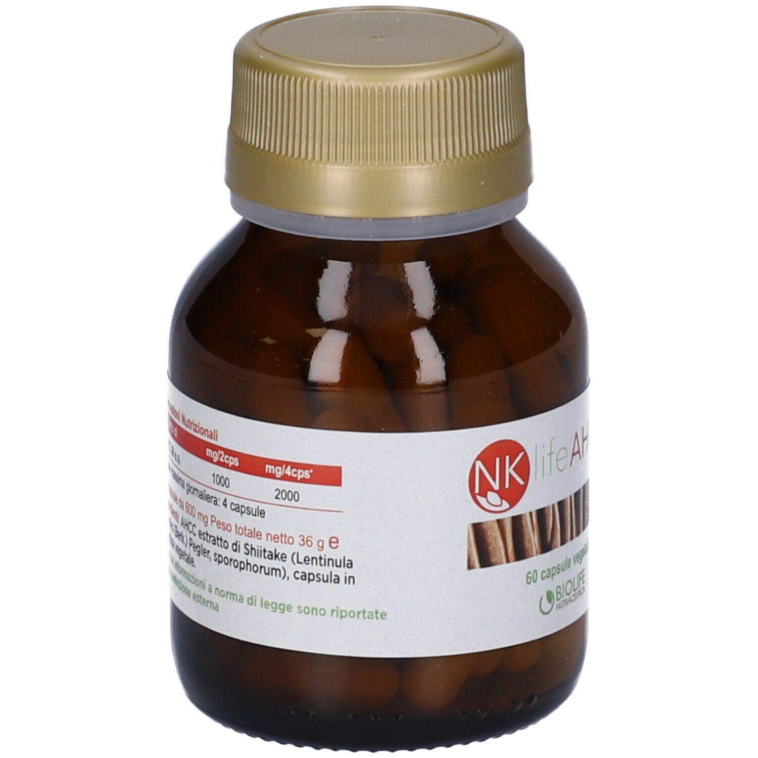 Flacone di vetro marrone con tappo dorato. L'etichetta riporta informazioni nutrizionali e ingredienti. Scritta: NK life AHCC.