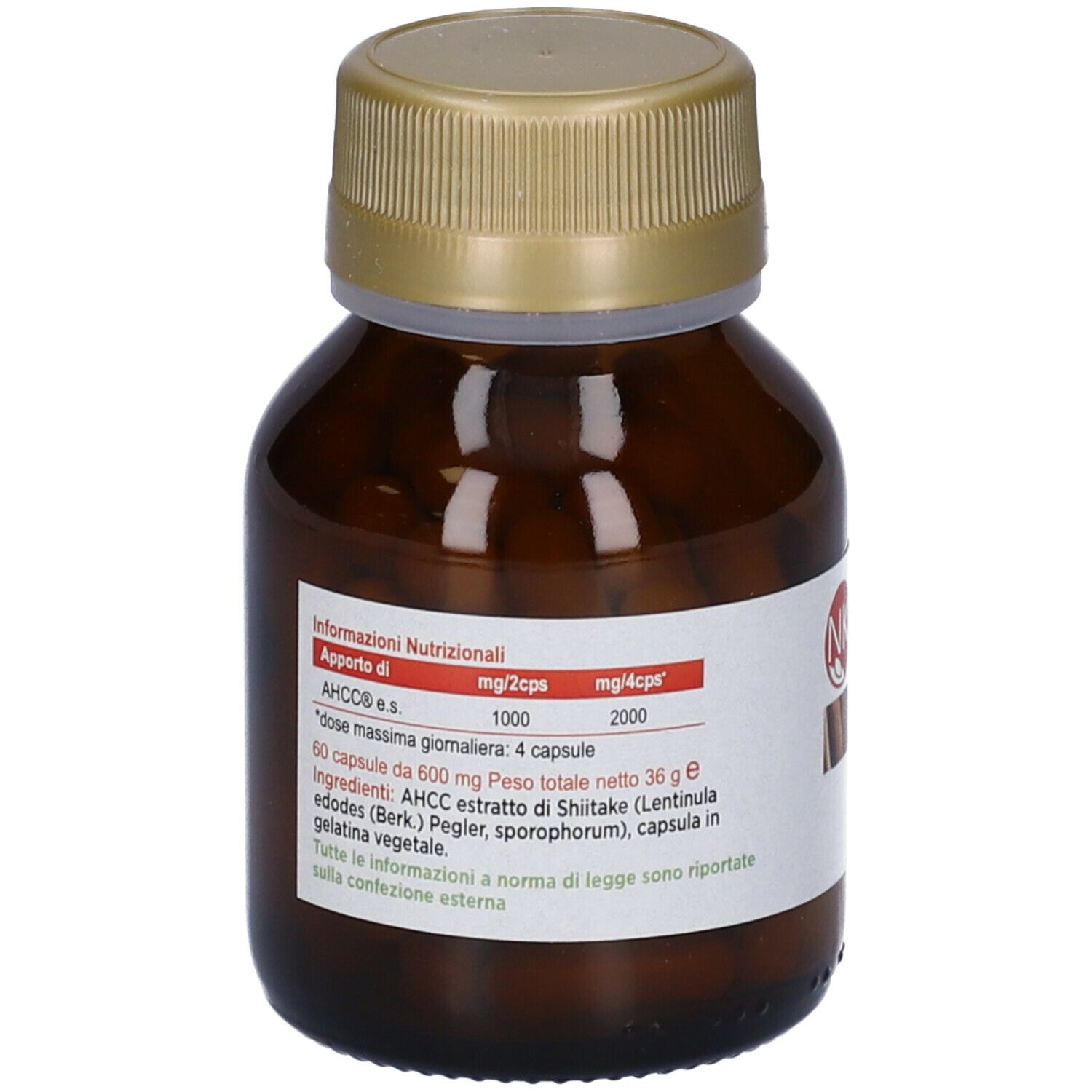 Flacone di vetro marrone con tappo dorato. L'etichetta riporta informazioni nutrizionali e ingredienti. Scritta: NK life AHCC.