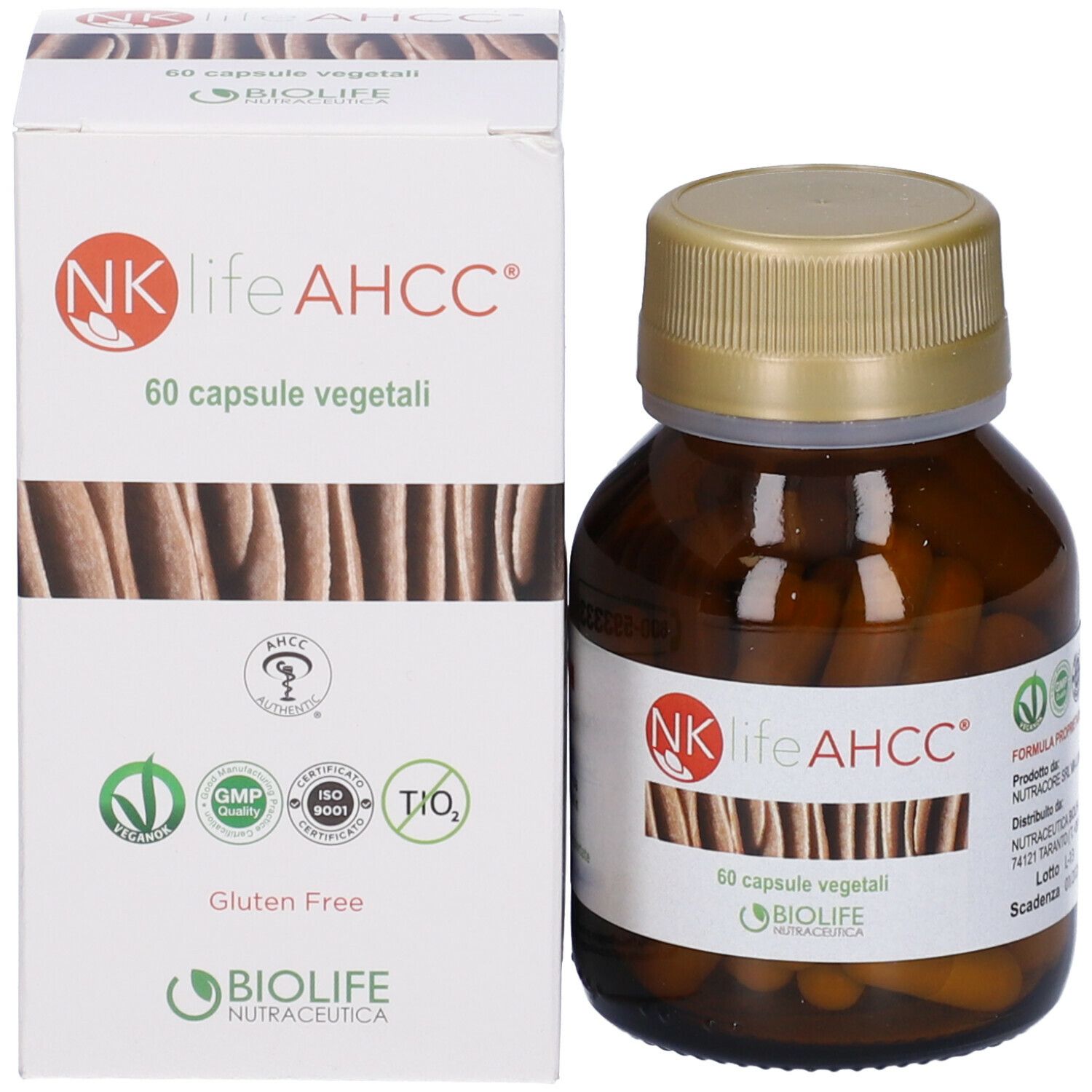 Flacone di vetro marrone con tappo dorato e scatola bianca. Scritta: NK life AHCC. 60 capsule. Certificazioni.