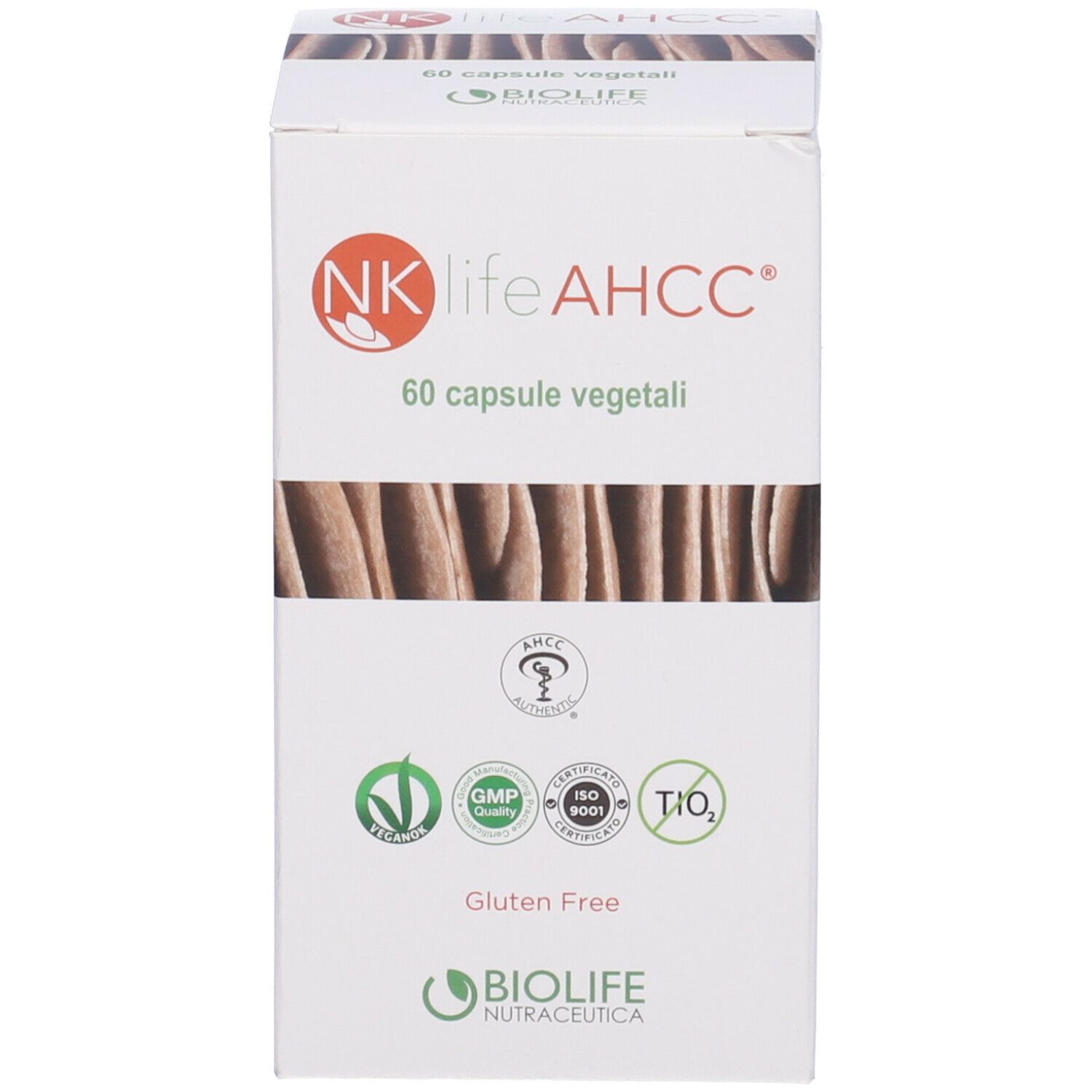 Scatola bianca con informazioni sul prodotto. Scritta: NK life AHCC. 60 capsule. Certificazioni.