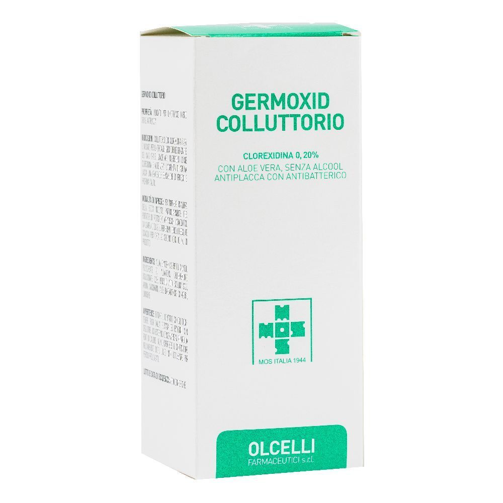 Scatola bianca con logo verde e testo. Nome prodotto: Germoxid Collutorio. Contiene Clorexidina 0,2%.