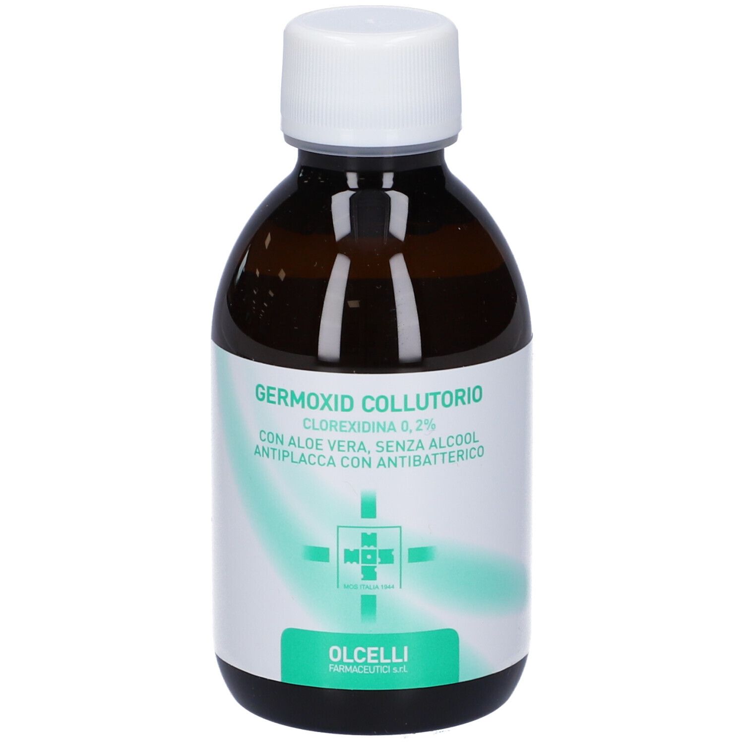 Flacone marrone con tappo bianco. Nome prodotto: Germoxid Collutorio. Contiene Clorexidina 0,2%.