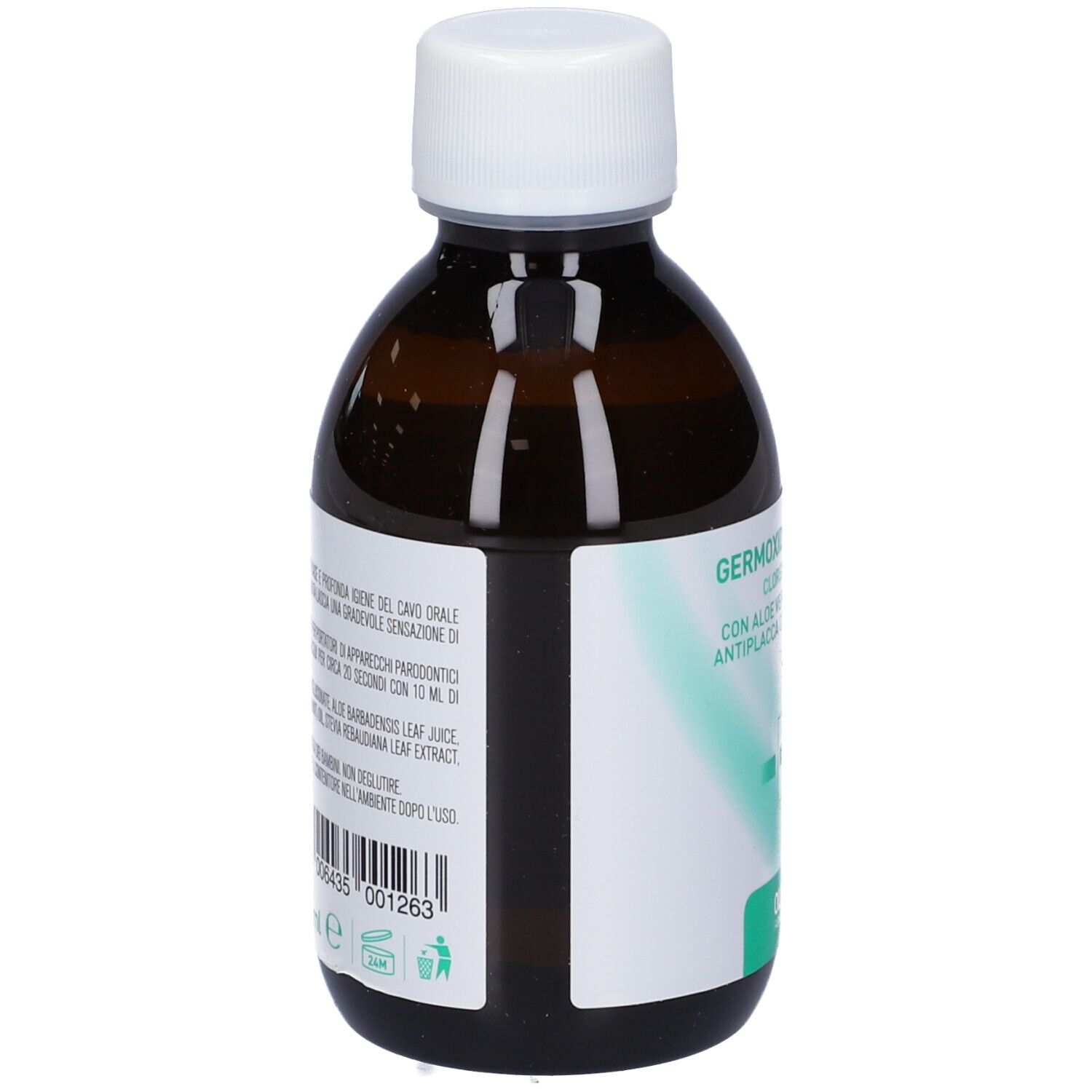Flacone marrone con tappo bianco. Retro con testo. Nome prodotto: Germoxid Collutorio. Contiene Clorexidina 0,2%.