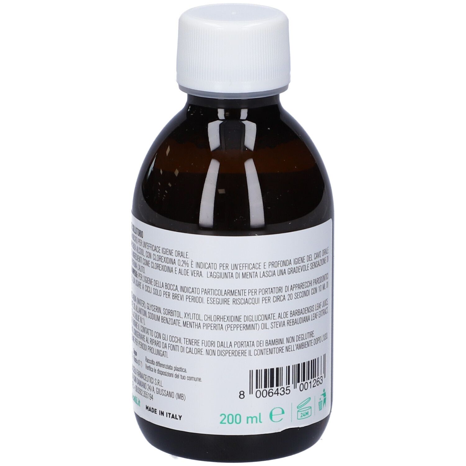 Flacone marrone con tappo bianco. Retro con testo e indicazione 200 ml. Nome prodotto: Germoxid Collutorio.