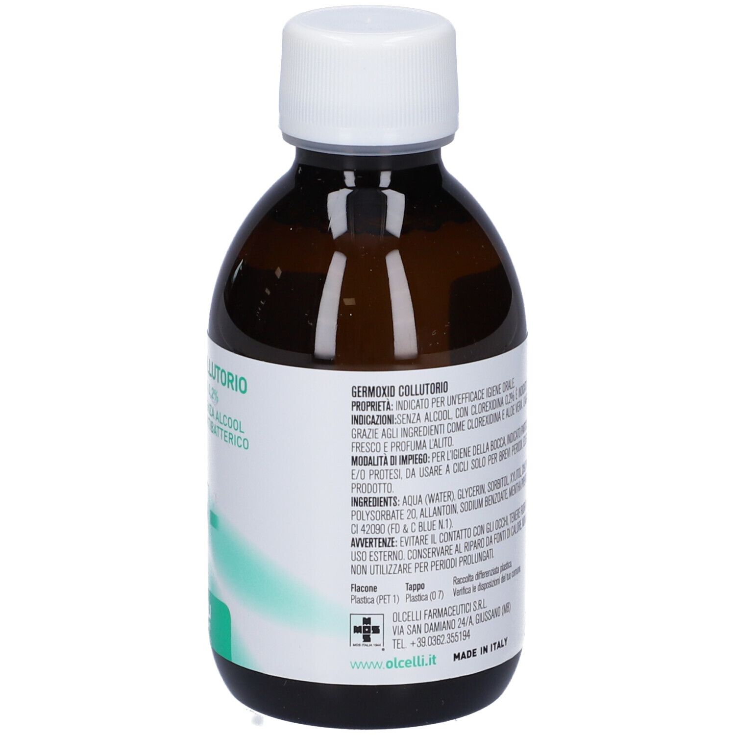Flacone marrone con tappo bianco. Retro con testo. Nome prodotto: Germoxid Collutorio. Contiene Clorexidina 0,2%.