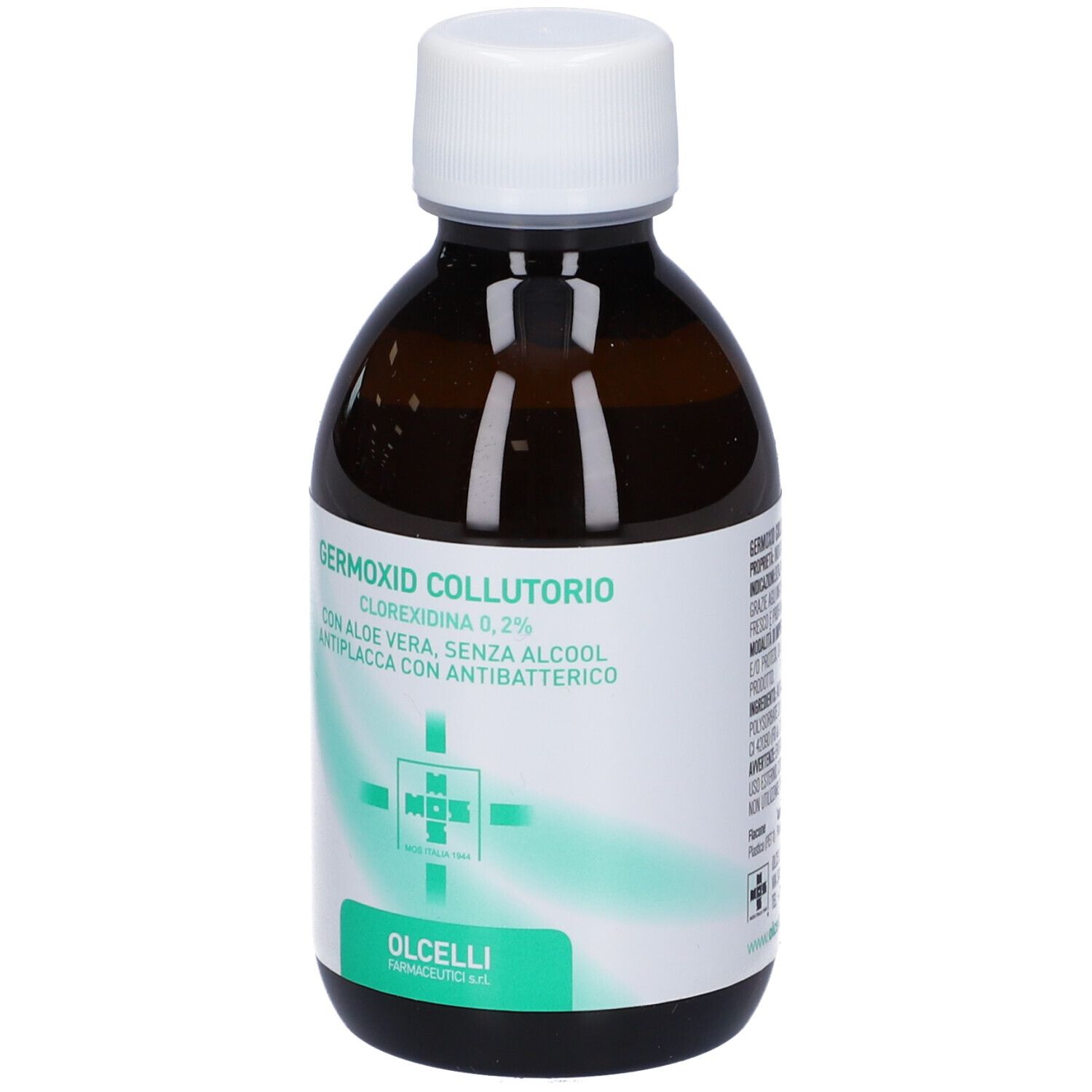 Flacone marrone con tappo bianco. Nome prodotto: Germoxid Collutorio. Contiene Clorexidina 0,2%.