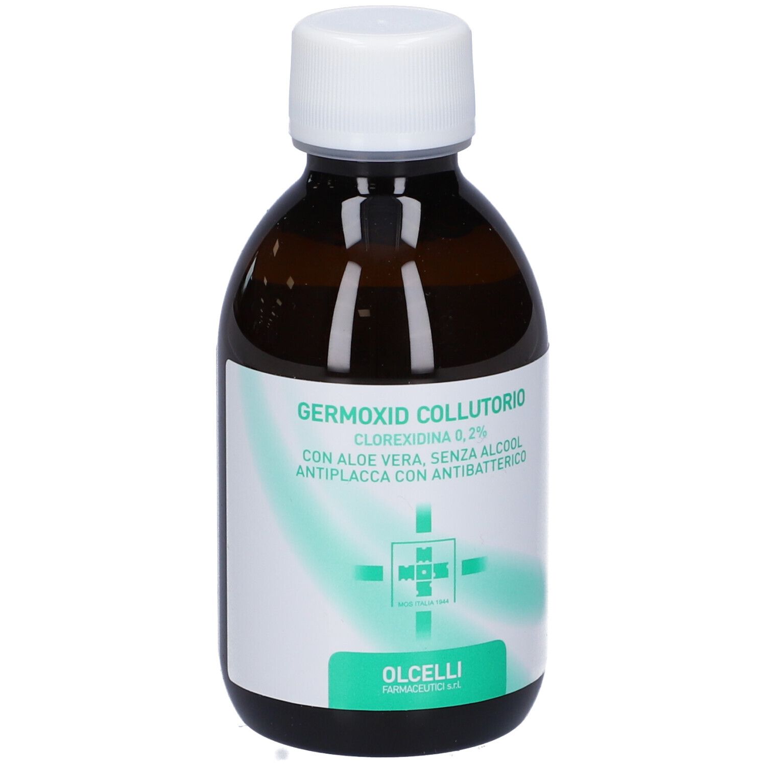 Flacone marrone con tappo bianco. Nome prodotto: Germoxid Collutorio. Contiene Clorexidina 0,2%.