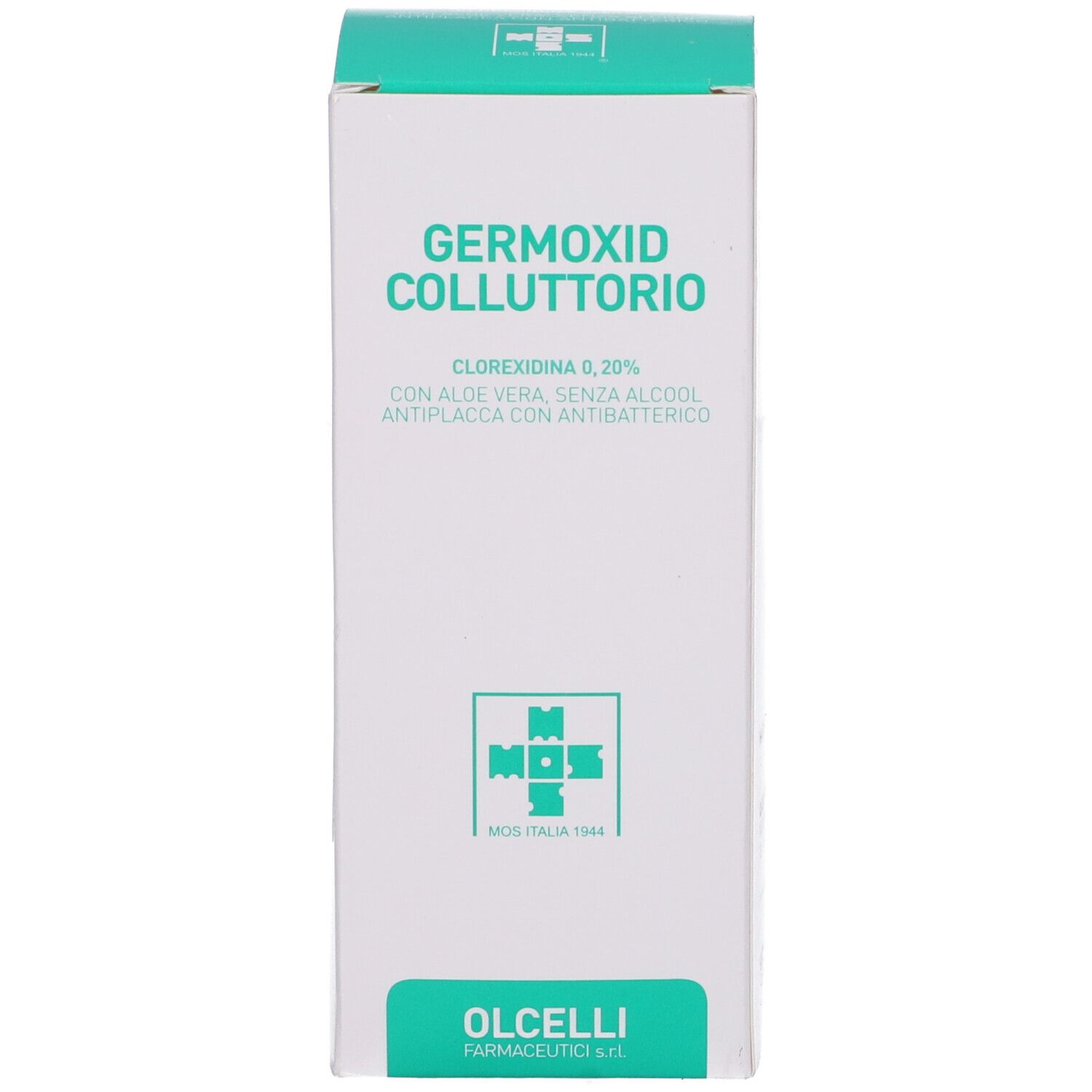 Scatola bianca con logo verde e testo. Nome prodotto: Germoxid Collutorio. Contiene Clorexidina 0,2%.