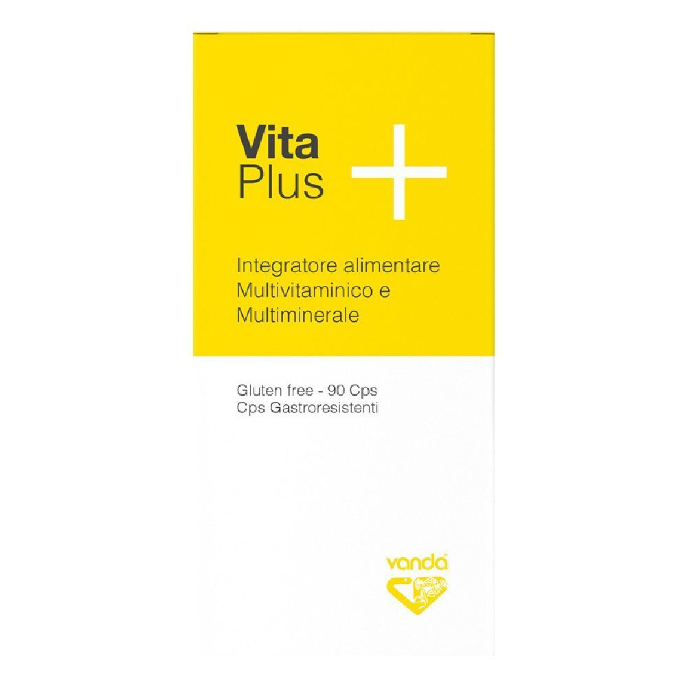 Scatola gialla con logo "Vita Plus" e testo. Contiene 90 capsule. Marchio: Vanda.