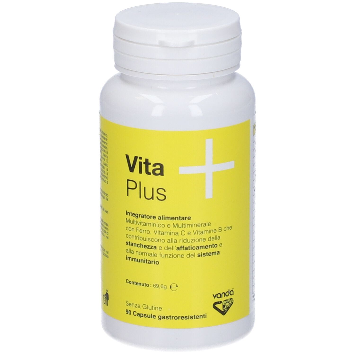 Flacone bianco con etichetta gialla. Logo "Vita Plus" e testo. 90 capsule. Marchio: Vanda.