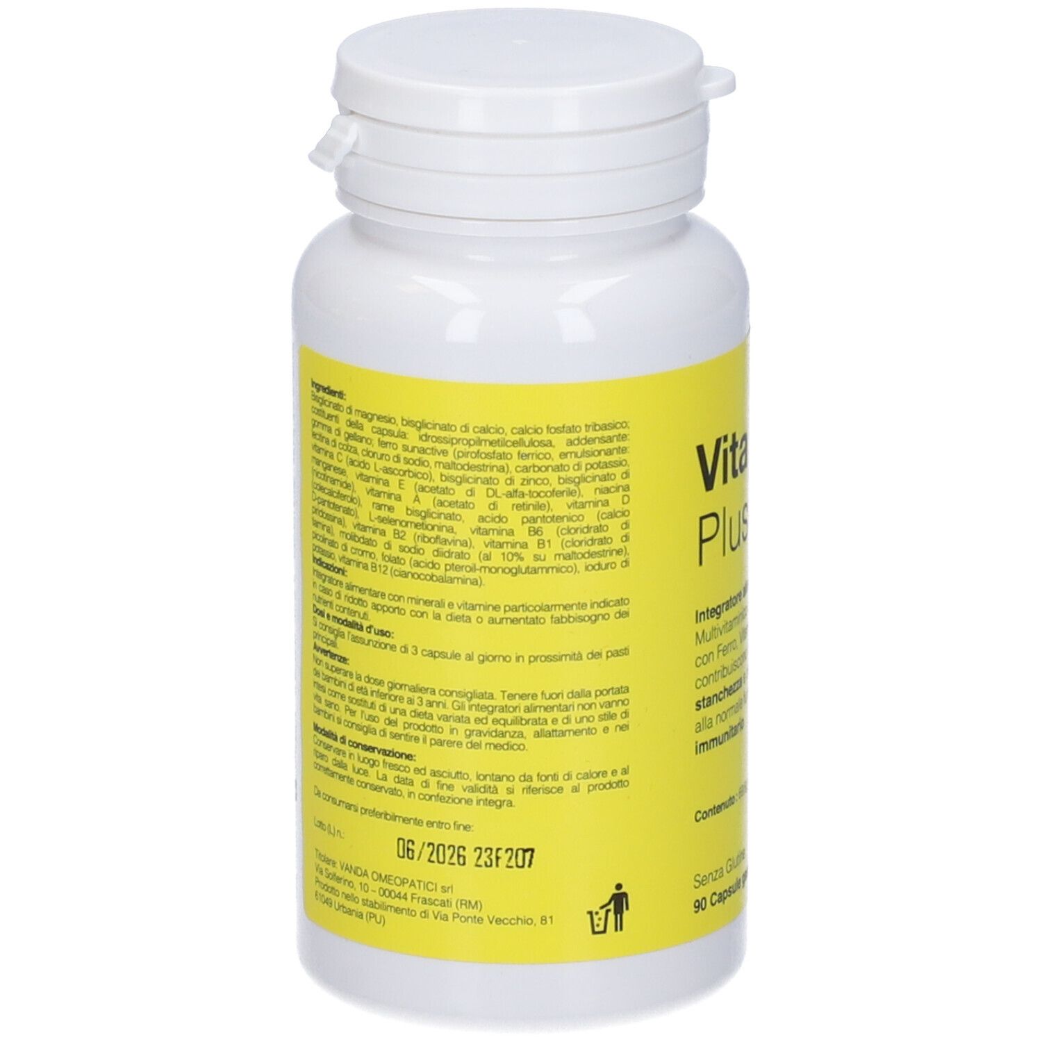 Flacone bianco con etichetta gialla. Testo con ingredienti e informazioni nutrizionali. Marchio: Vanda.