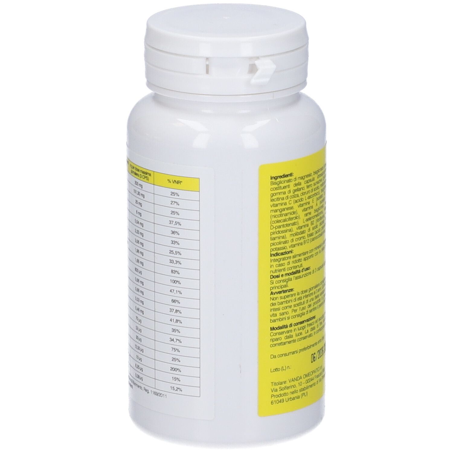 Flacone bianco con etichetta gialla. Tabella nutrizionale con vitamine e minerali. Marchio: Vanda.