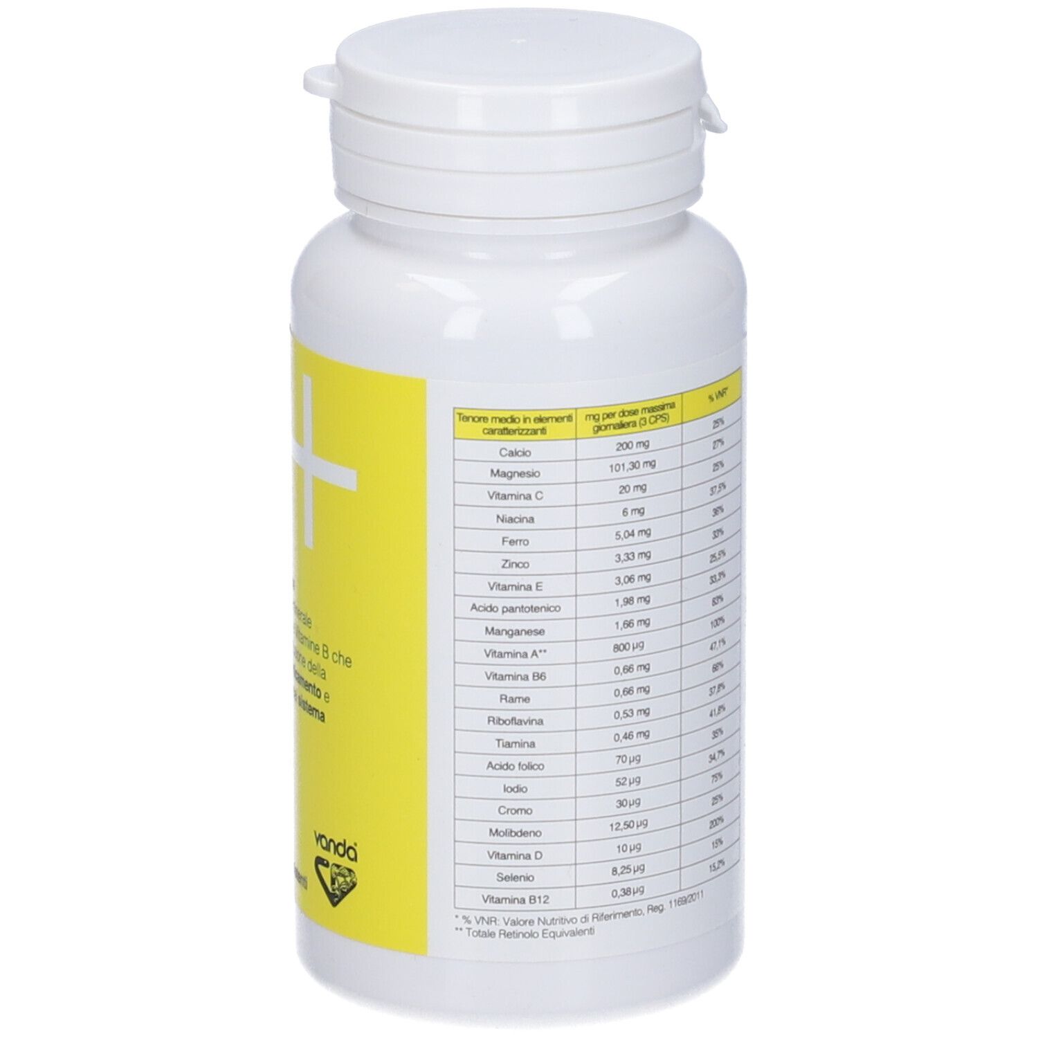 Flacone bianco con etichetta gialla. Tabella nutrizionale con vitamine e minerali. Marchio: Vanda.