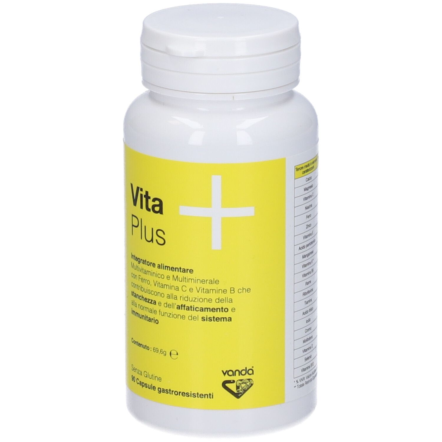 Flacone bianco con etichetta gialla. Logo "Vita Plus" e testo. 90 capsule. Marchio: Vanda.