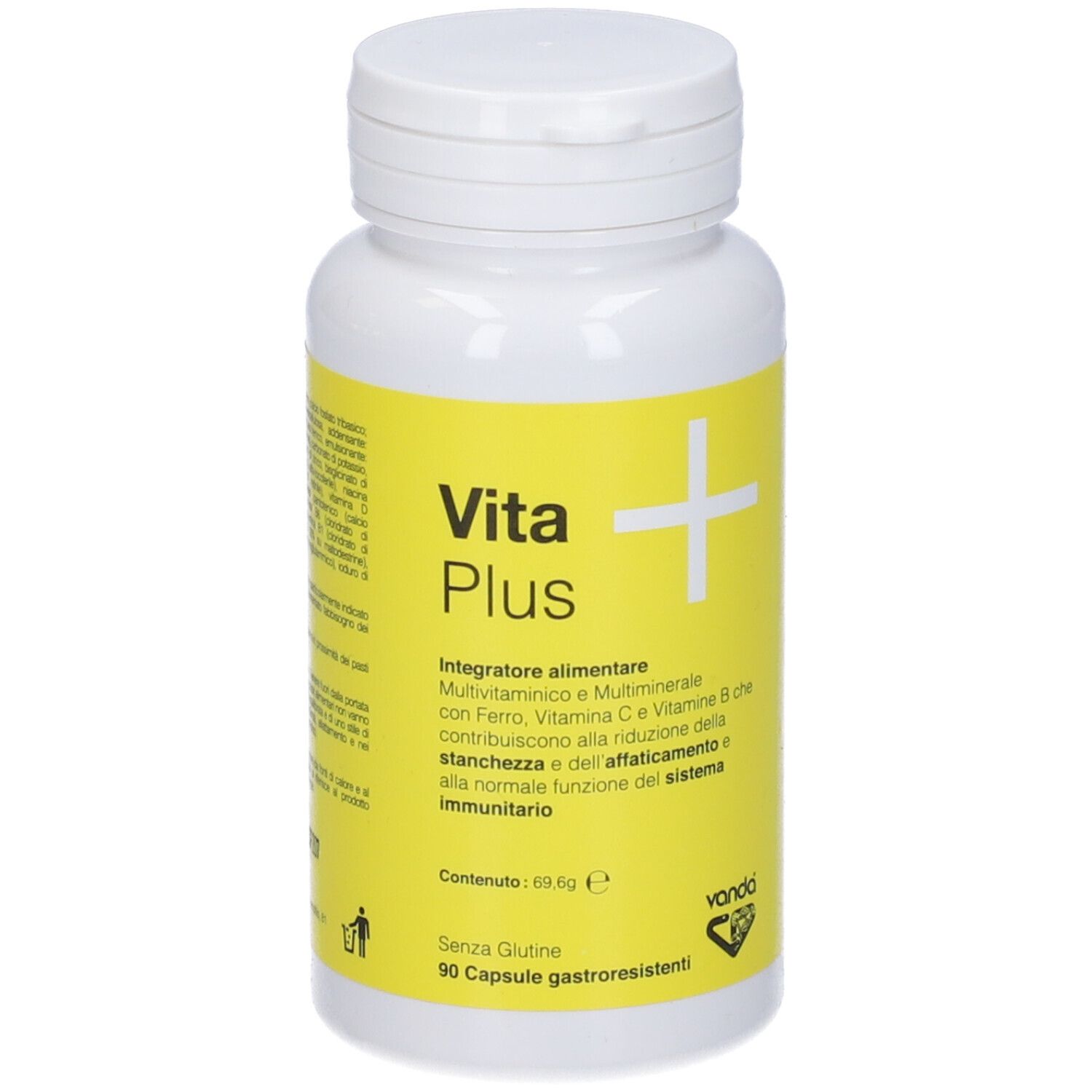 Flacone bianco con etichetta gialla. Logo "Vita Plus" e testo. 90 capsule. Marchio: Vanda.