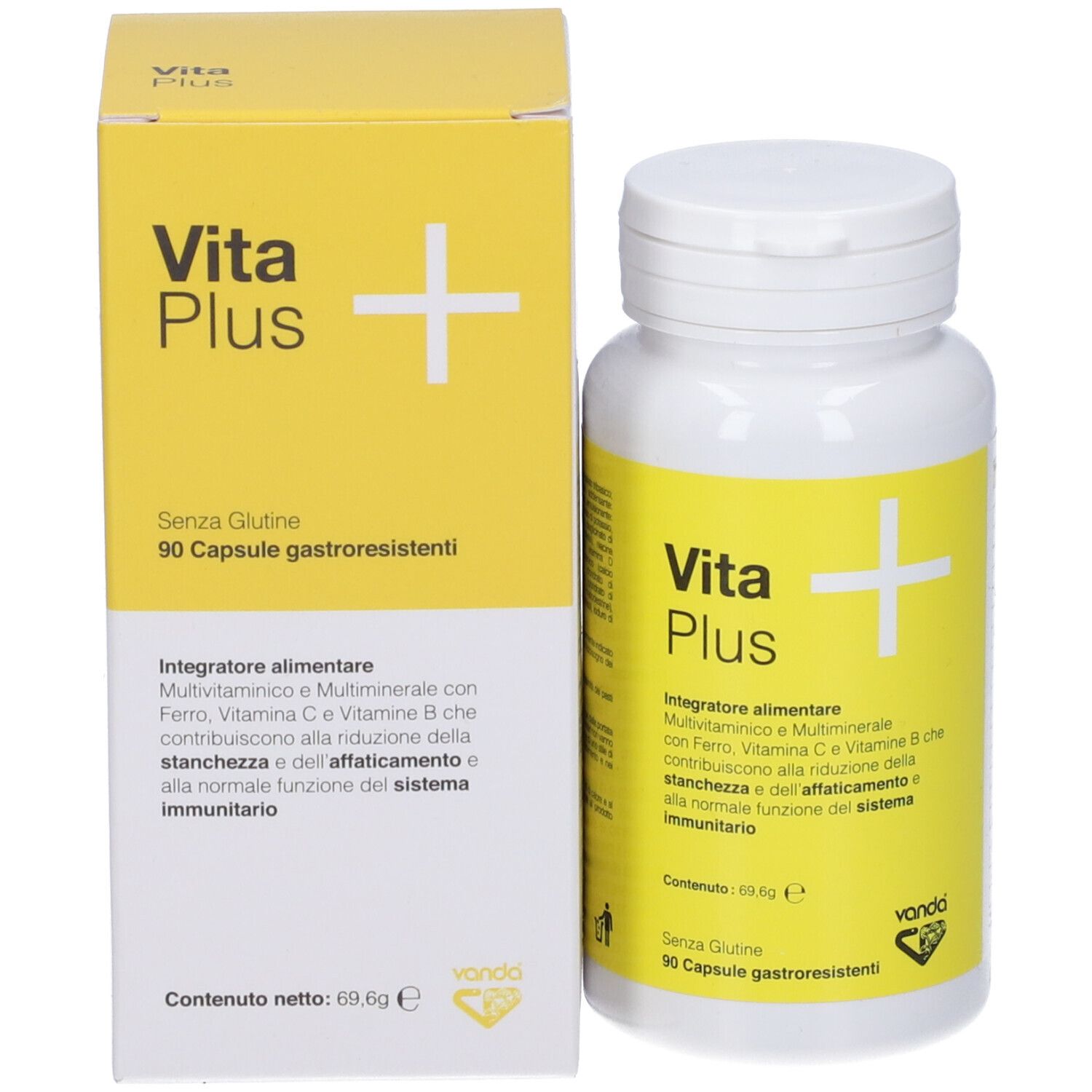Flacone e scatola. Logo "Vita Plus" e testo. 90 capsule. Marchio: Vanda.