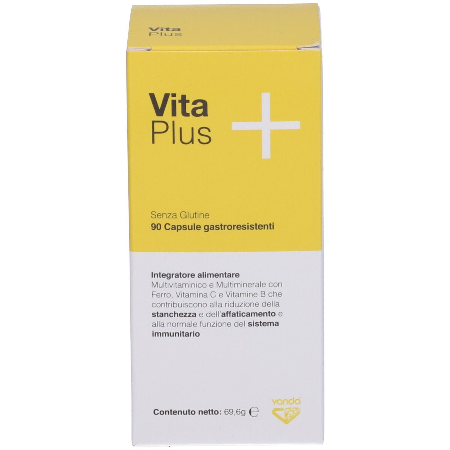 Scatola gialla con logo "Vita Plus" e testo. Contiene 90 capsule. Marchio: Vanda.