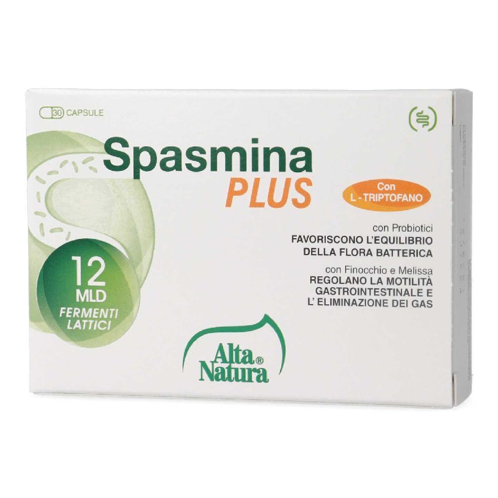 Scatola bianca con scritta Spasmina PLUS, 12 MLD Fermenti Lattici e logo Alta Natura. Contiene capsule.