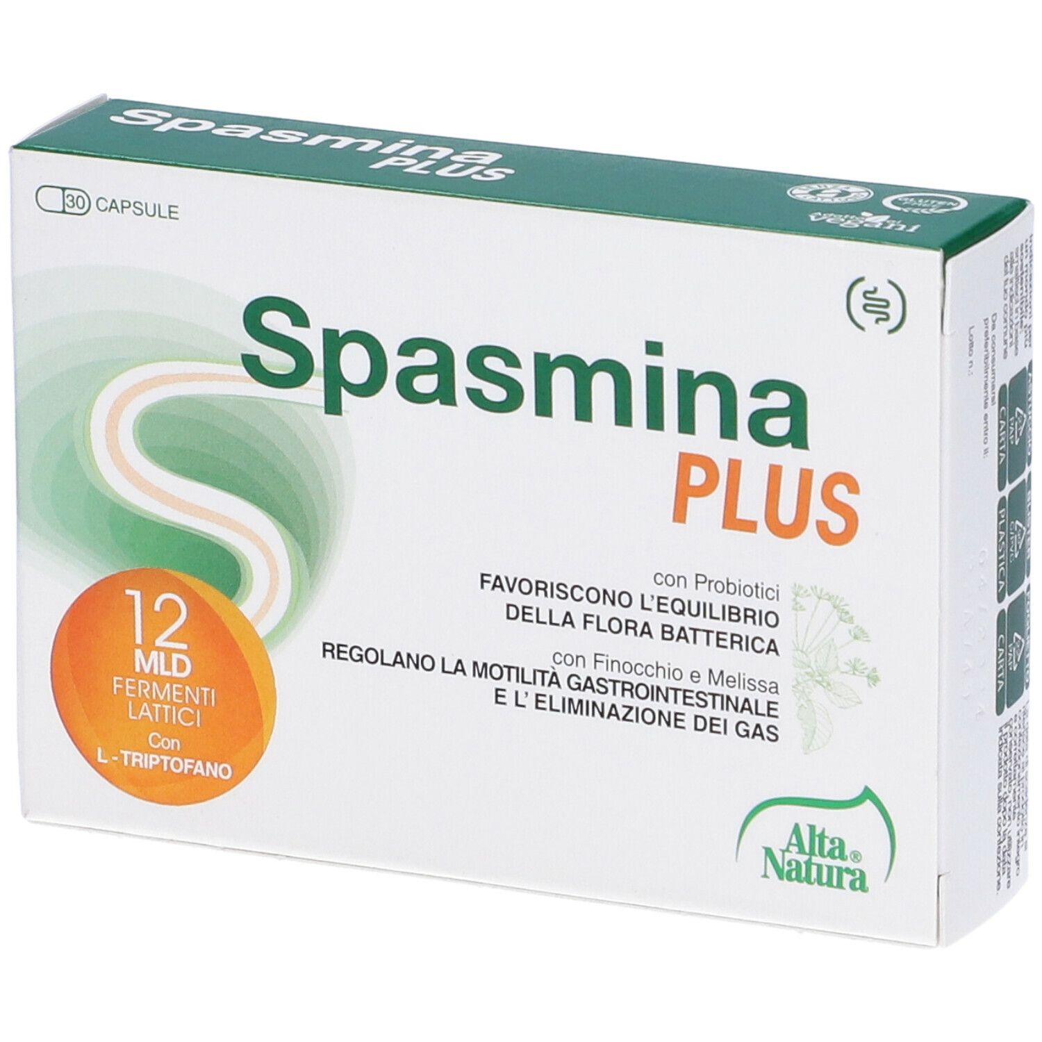 Scatola Spasmina PLUS, bianca con accenti verdi e arancioni. Contiene 30 capsule. Marchio Alta Natura.
