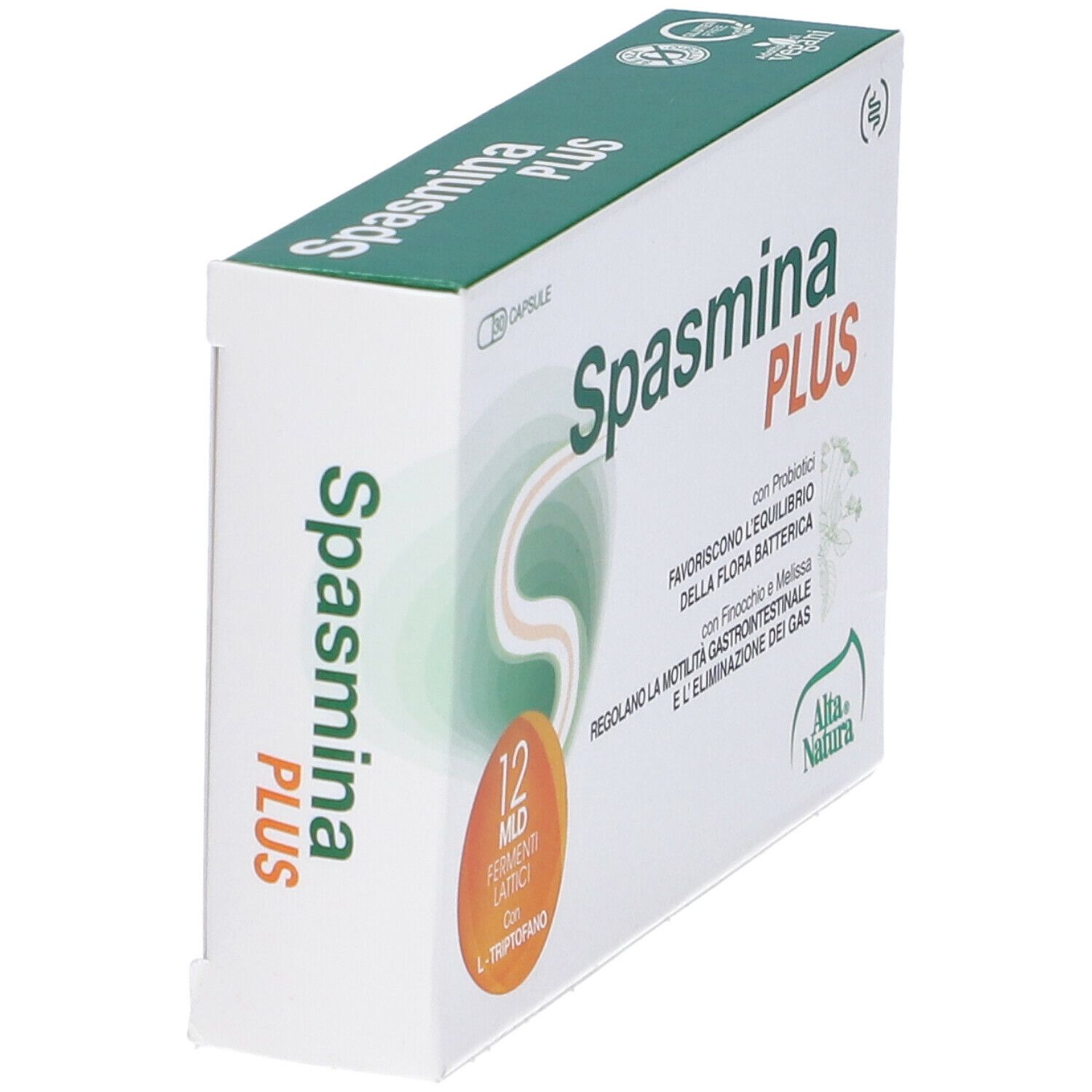 Scatola Spasmina PLUS, bianca con accenti verdi e arancioni. Contiene 30 capsule. Marchio Alta Natura.