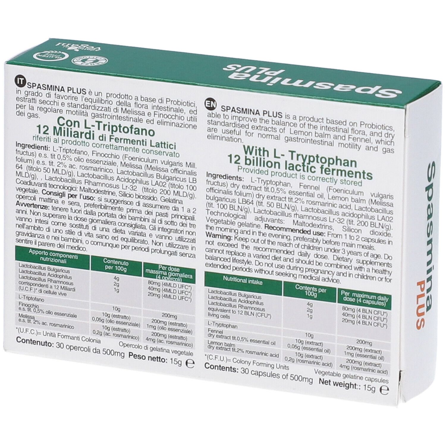 Scatola Spasmina PLUS, bianca con accenti verdi e arancioni. Contiene 30 capsule. Marchio Alta Natura.