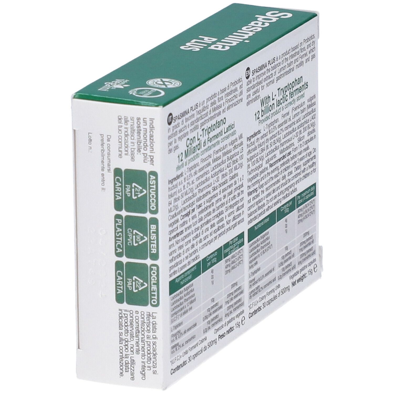 Retro della scatola Spasmina PLUS. Contiene informazioni sugli ingredienti e i valori nutrizionali. Marchio Alta Natura.