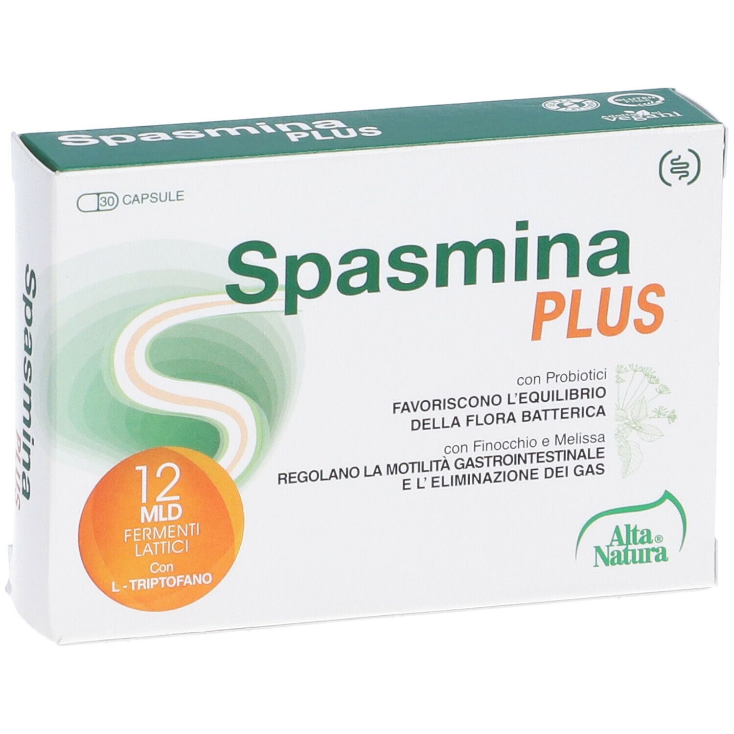 Scatola Spasmina PLUS, bianca con accenti verdi e arancioni. Contiene 30 capsule. Marchio Alta Natura.