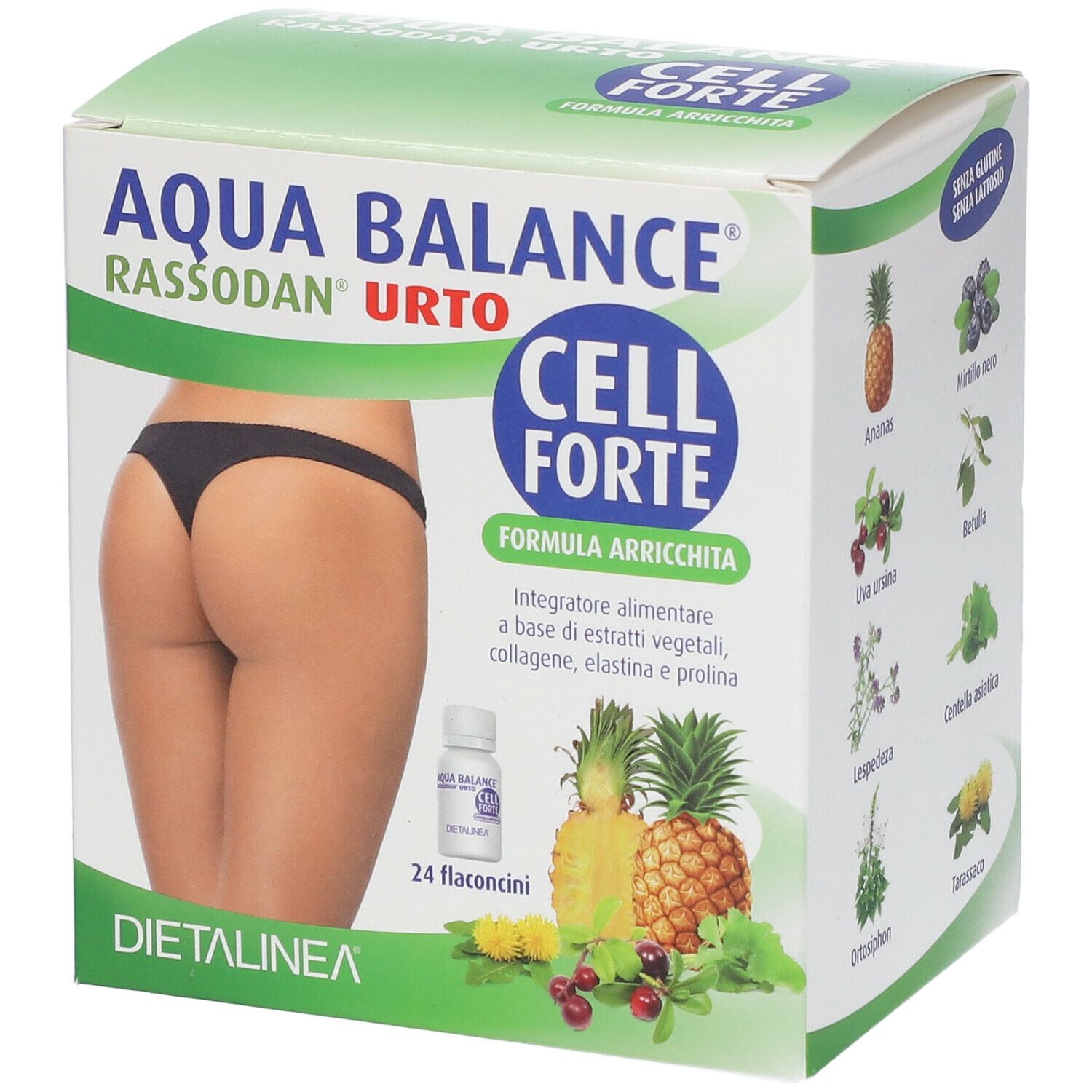 Scatola Aqua Balance Rassodan Urto Cell Forte. Contiene 24 flaconcini. Immagine di donna. Estratti vegetali, collagene, elastina e prolina.