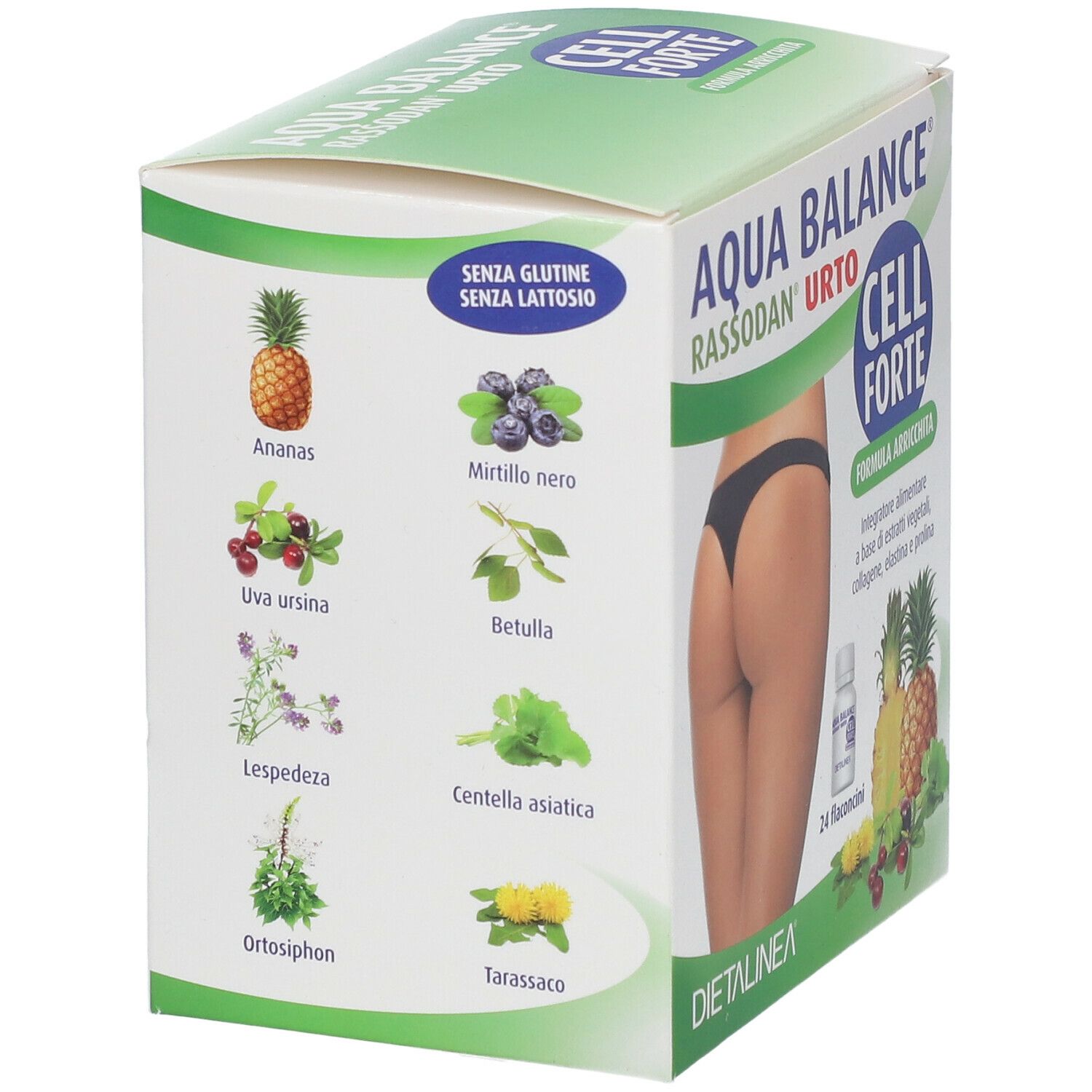 Scatola Aqua Balance Rassodan Urto Cell Forte. Illustrazioni di frutta ed erbe. Senza glutine e lattosio. Estratti vegetali.