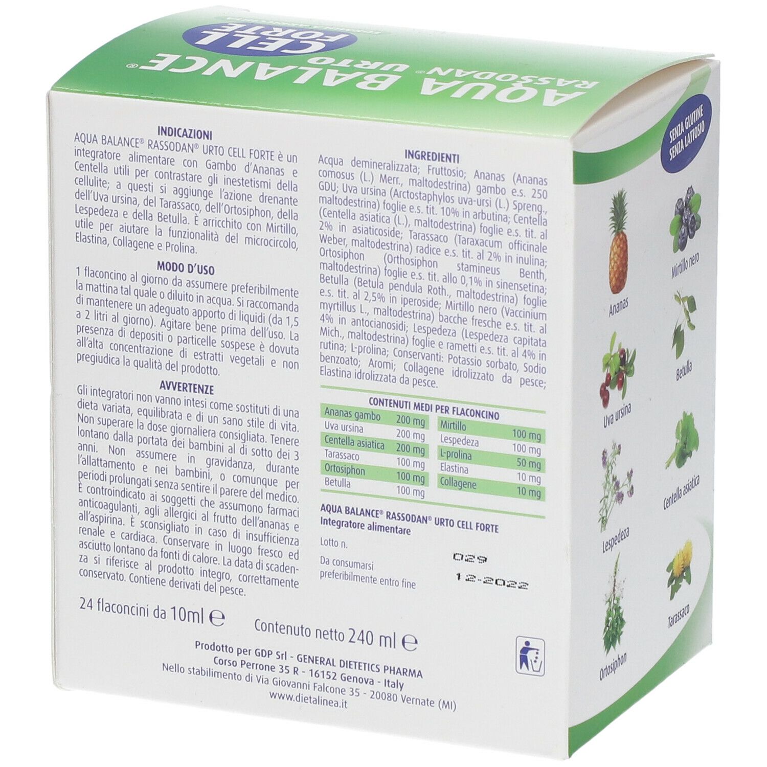 Retro della confezione con informazioni sul prodotto. Ingredienti e dosaggio. Aqua Balance Rassodan Urto Cell Forte. 24 flaconcini.
