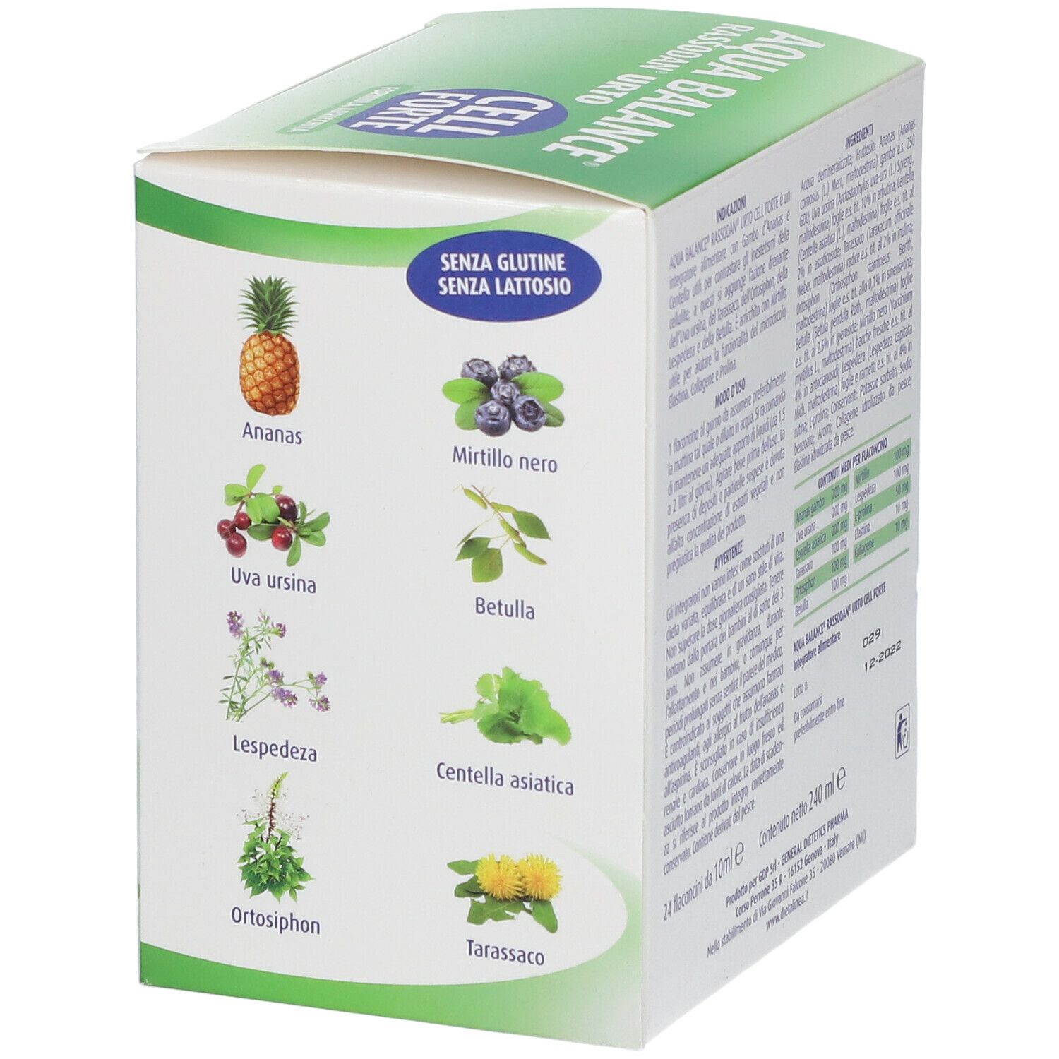 Scatola Aqua Balance Rassodan Urto Cell Forte. Illustrazioni di frutta ed erbe. Senza glutine e lattosio. Estratti vegetali.