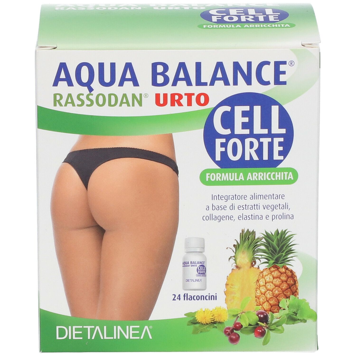 Scatola Aqua Balance Rassodan Urto Cell Forte. Contiene 24 flaconcini. Immagine di donna. Estratti vegetali, collagene, elastina e prolina.