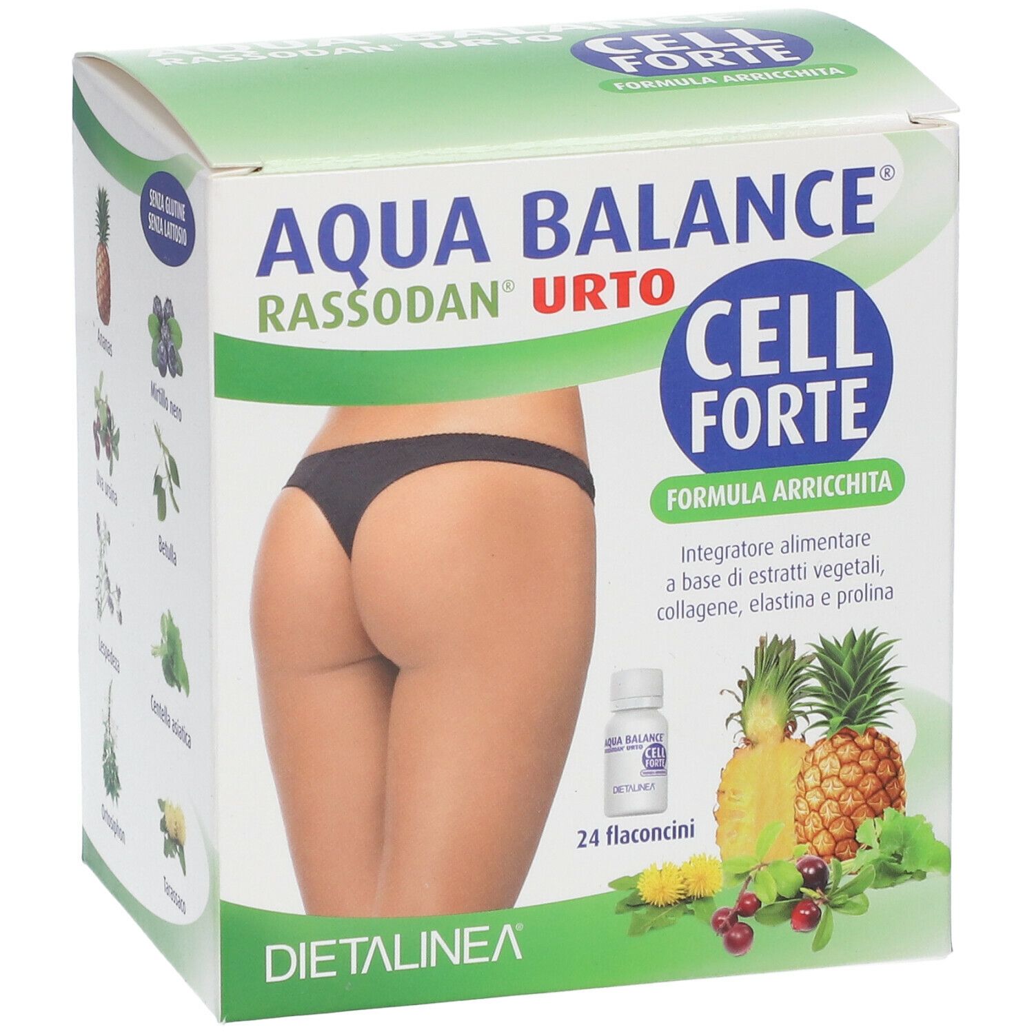Scatola Aqua Balance Rassodan Urto Cell Forte. Contiene 24 flaconcini. Immagine di donna. Estratti vegetali, collagene, elastina e prolina.