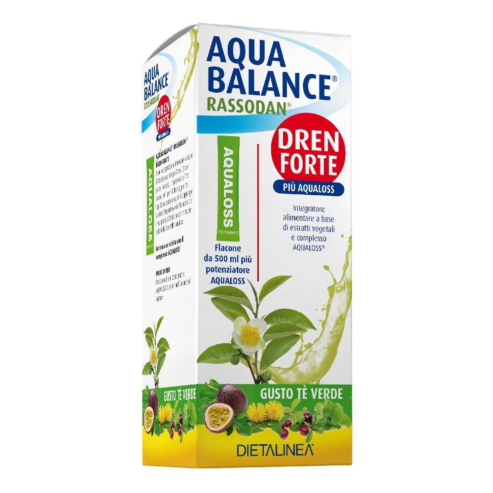 Confezione Aqua Balance Rassodan Dren Forte. Testo principale: Dren Forte, Più Aqualoss. Gusto: Tè verde. Marchio: Dietalinea.
