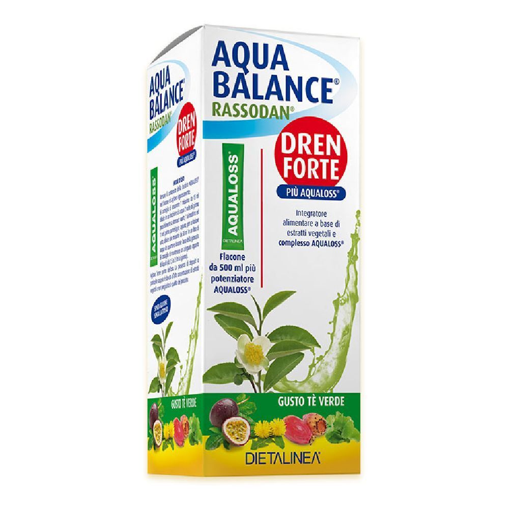 Confezione di Aqua Balance Rassodan Dren Forte. Verde e bianco, con nome e logo del prodotto. Testo: Dren Forte, Gusto Tè Verde.