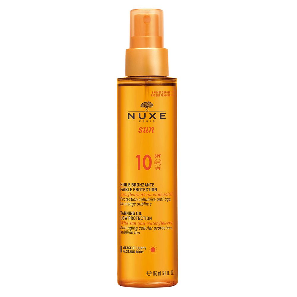 Olio abbronzante Nuxe Sun SPF10. Flacone marrone con vaporizzatore. Scritte: Sun, 10 SPF, Huile Bronzante. Viso e corpo.