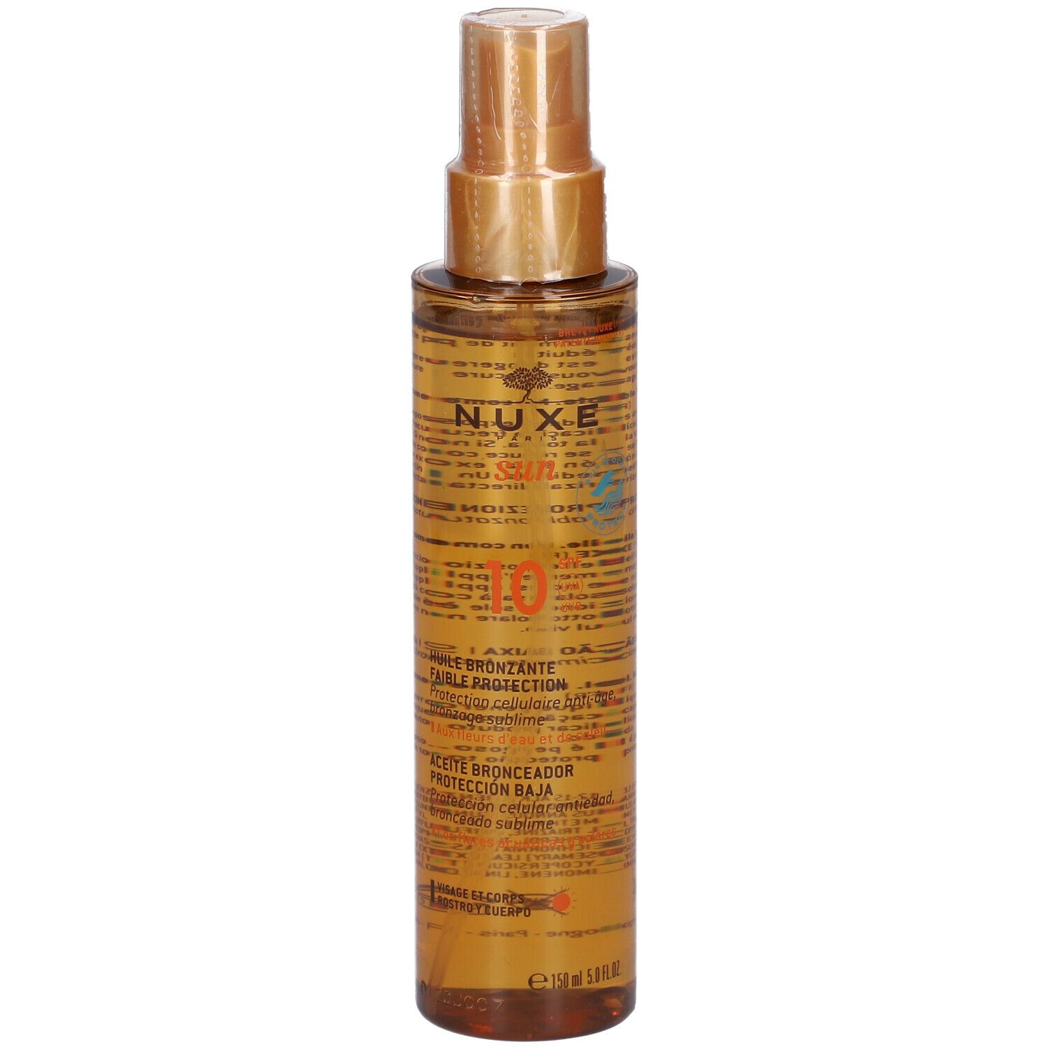 Olio abbronzante Nuxe Sun SPF10. Flacone marrone con vaporizzatore. Scritte: Sun, 10 SPF, Huile Bronzante. Retro con testo.