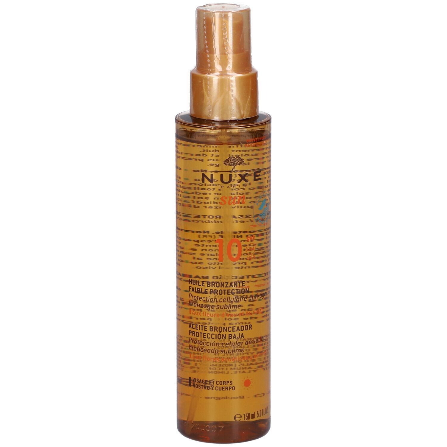 Olio abbronzante Nuxe Sun SPF10. Flacone marrone con vaporizzatore. Scritte: Sun, 10 SPF, Huile Bronzante. Retro con testo.