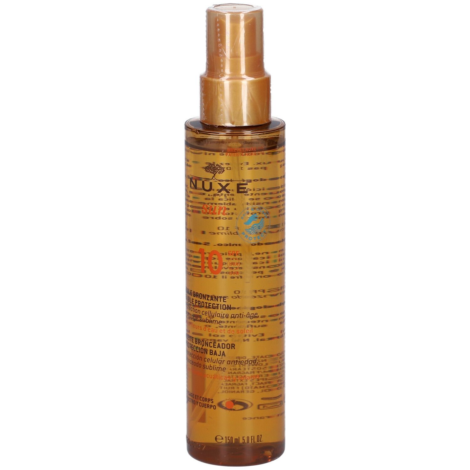 Olio abbronzante Nuxe Sun SPF10. Flacone marrone con vaporizzatore. Scritte: Sun, 10 SPF, Huile Bronzante. Retro con testo.