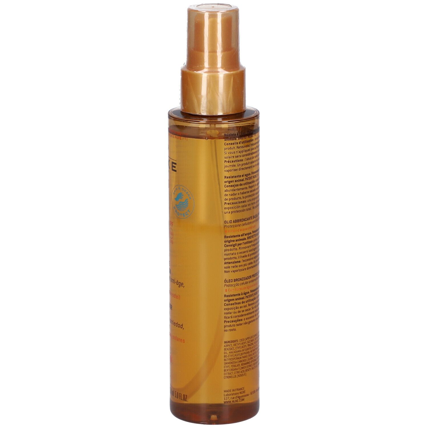 Olio abbronzante Nuxe Sun SPF10. Flacone marrone con vaporizzatore. Scritte: Sun, 10 SPF, Huile Bronzante. Retro con testo.